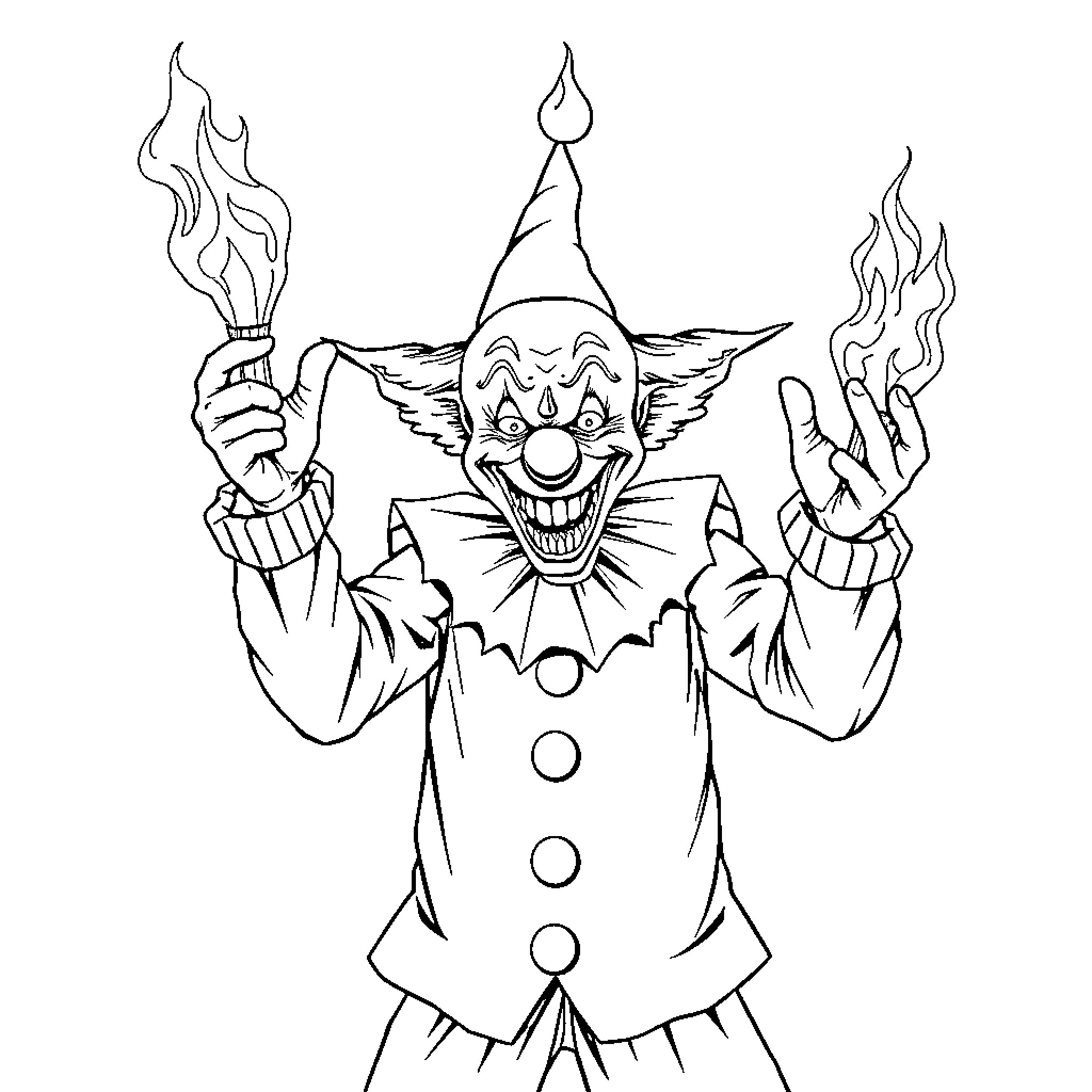 Clown with Mischievous Expression and Flaming Torches Coloring Page (free black-and-white line drawing printable PDF for all, from beginners to advanced learners, including children, teens, adults, and seniors)
