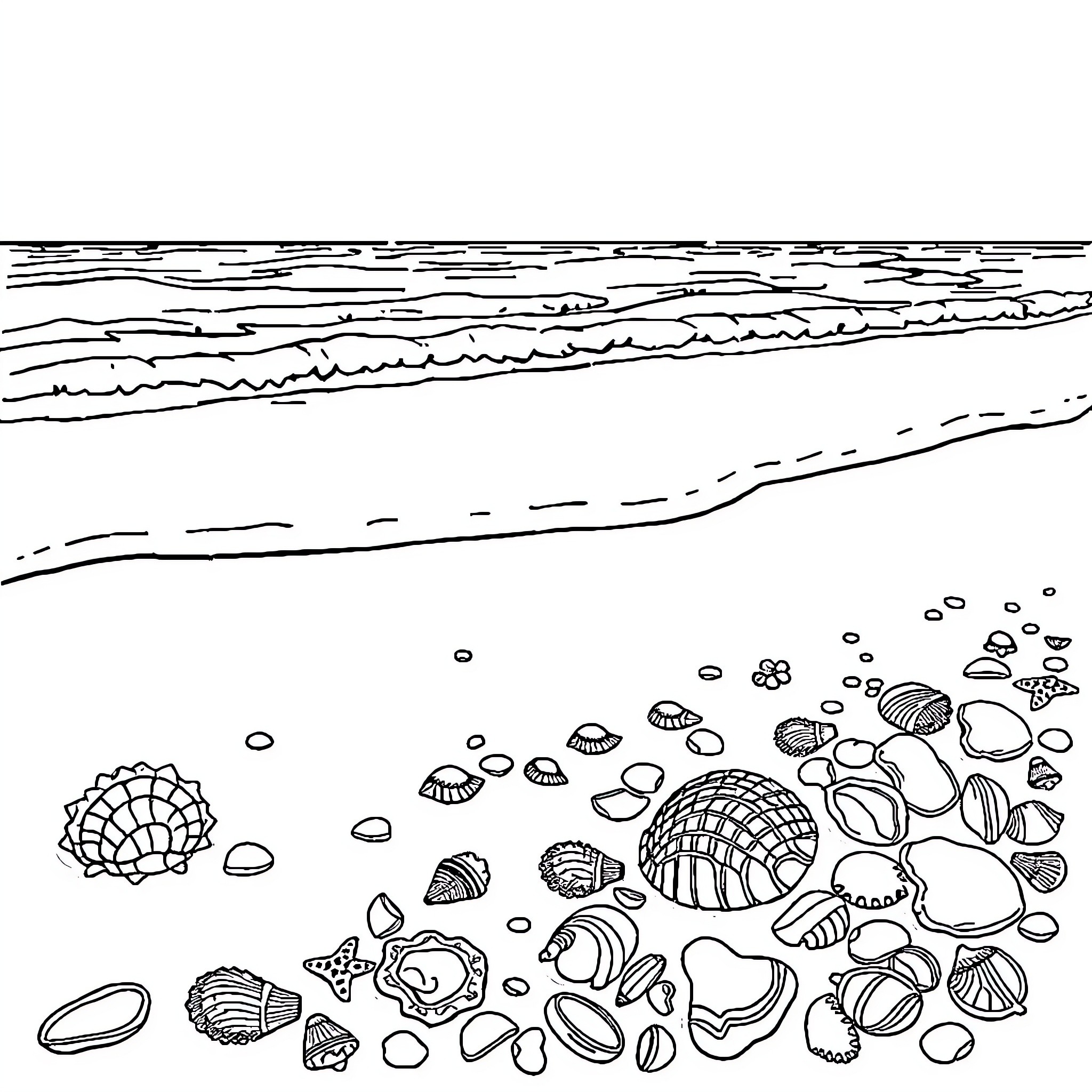 Beach scene with seashells and waves Coloring Page (free black-and-white line drawing printable PDF for all, from beginners to advanced learners, including children, teens, adults, and seniors)
