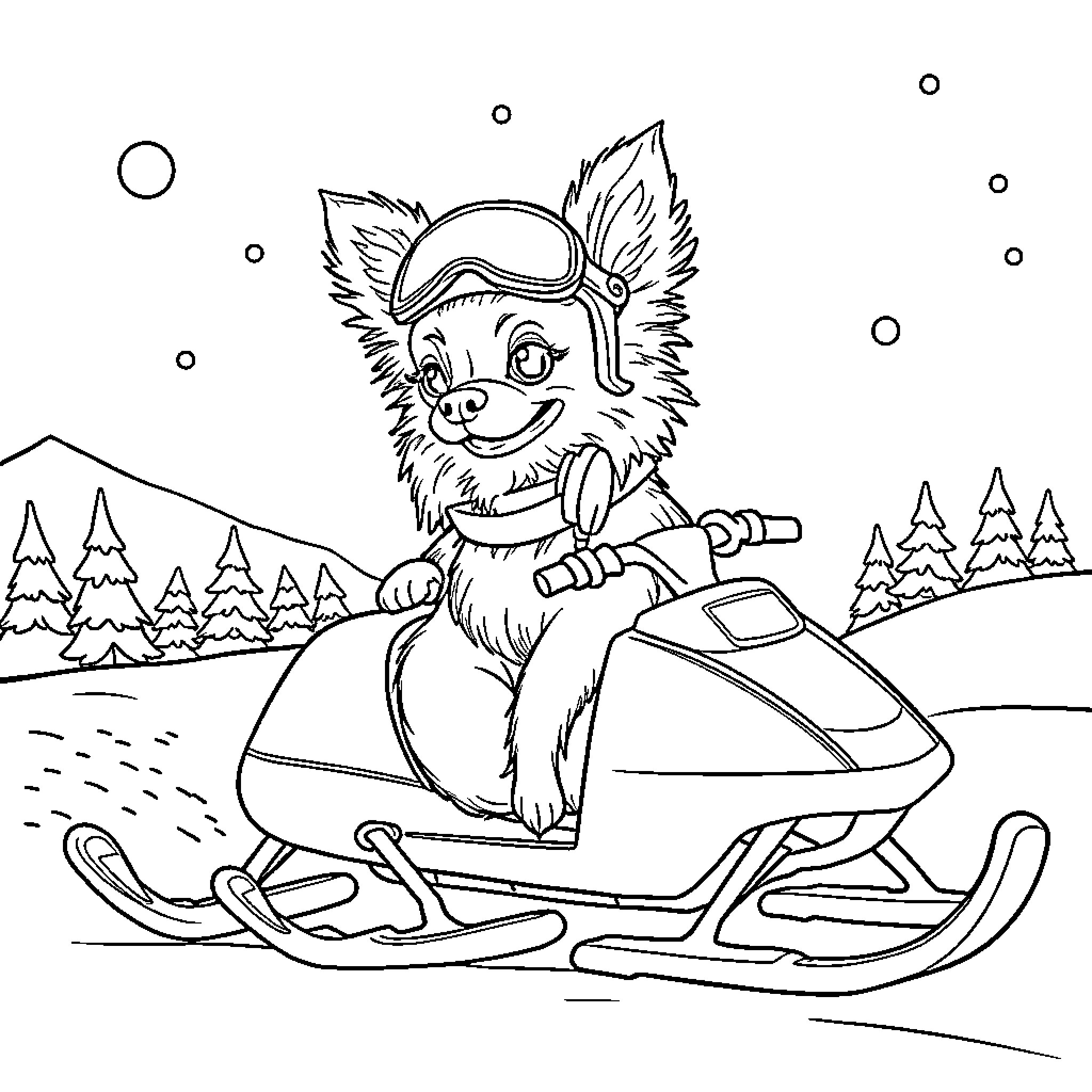 Chihuahua riding snowmobile in winter wonderland Coloring Page (free black-and-white line drawing printable PDF for all, from beginners to advanced learners, including children, teens, adults, and seniors)