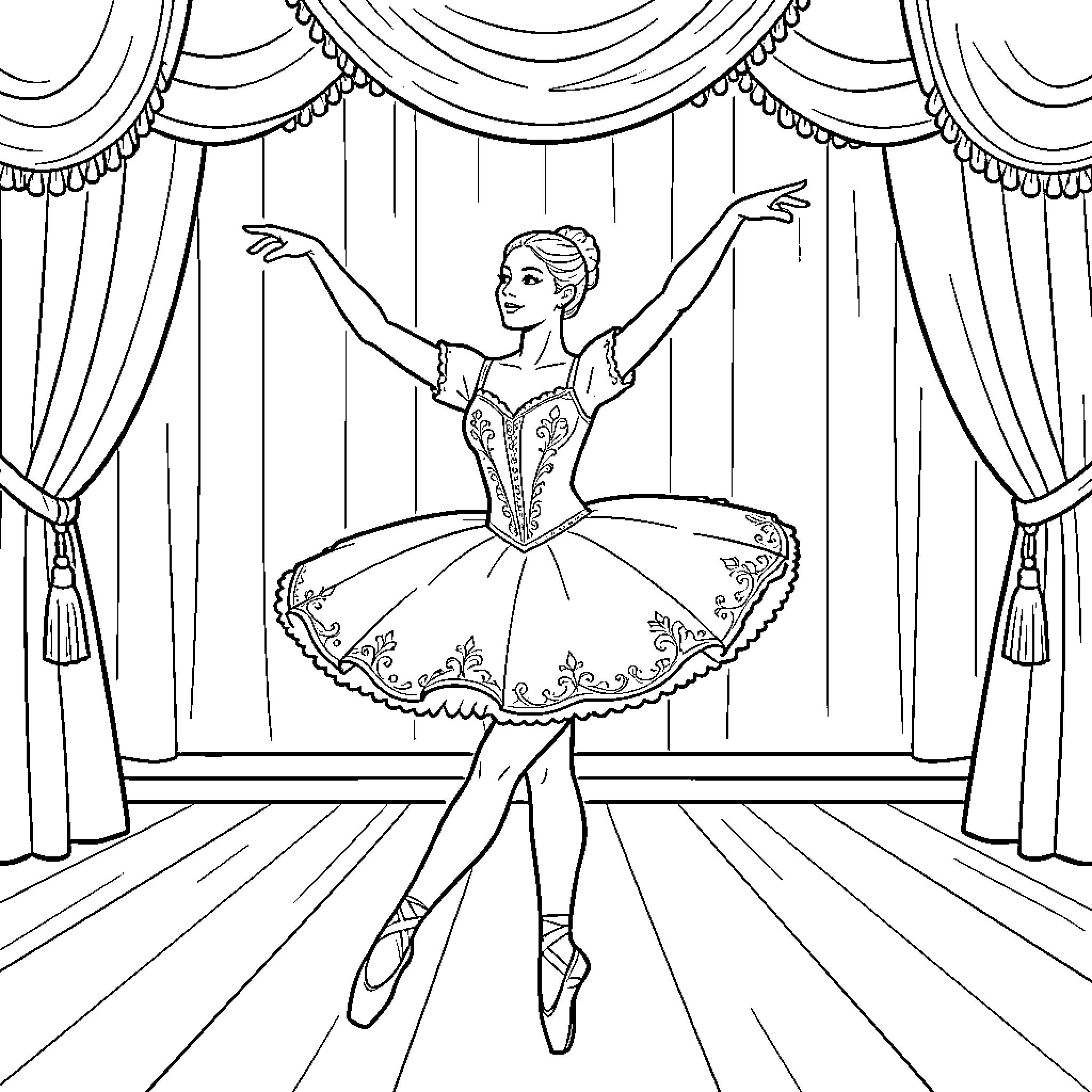 Ballerina gracefully performing on stage Coloring Page (free black-and-white line drawing printable PDF for all, from beginners to advanced learners, including children, teens, adults, and seniors)
