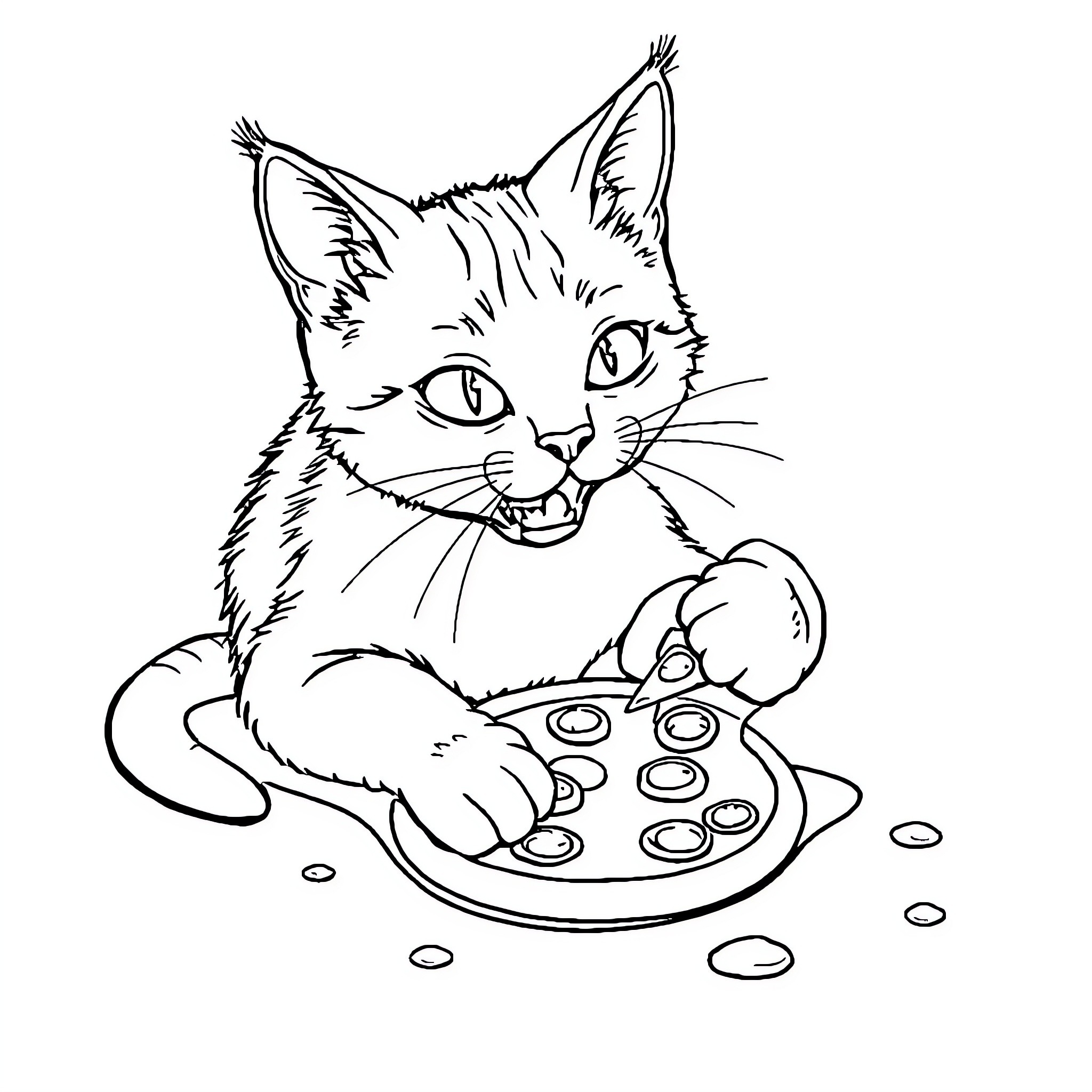 Cat enjoying a plate of treats Coloring Page (free black-and-white line drawing printable PDF for all, from beginners to advanced learners, including children, teens, adults, and seniors)