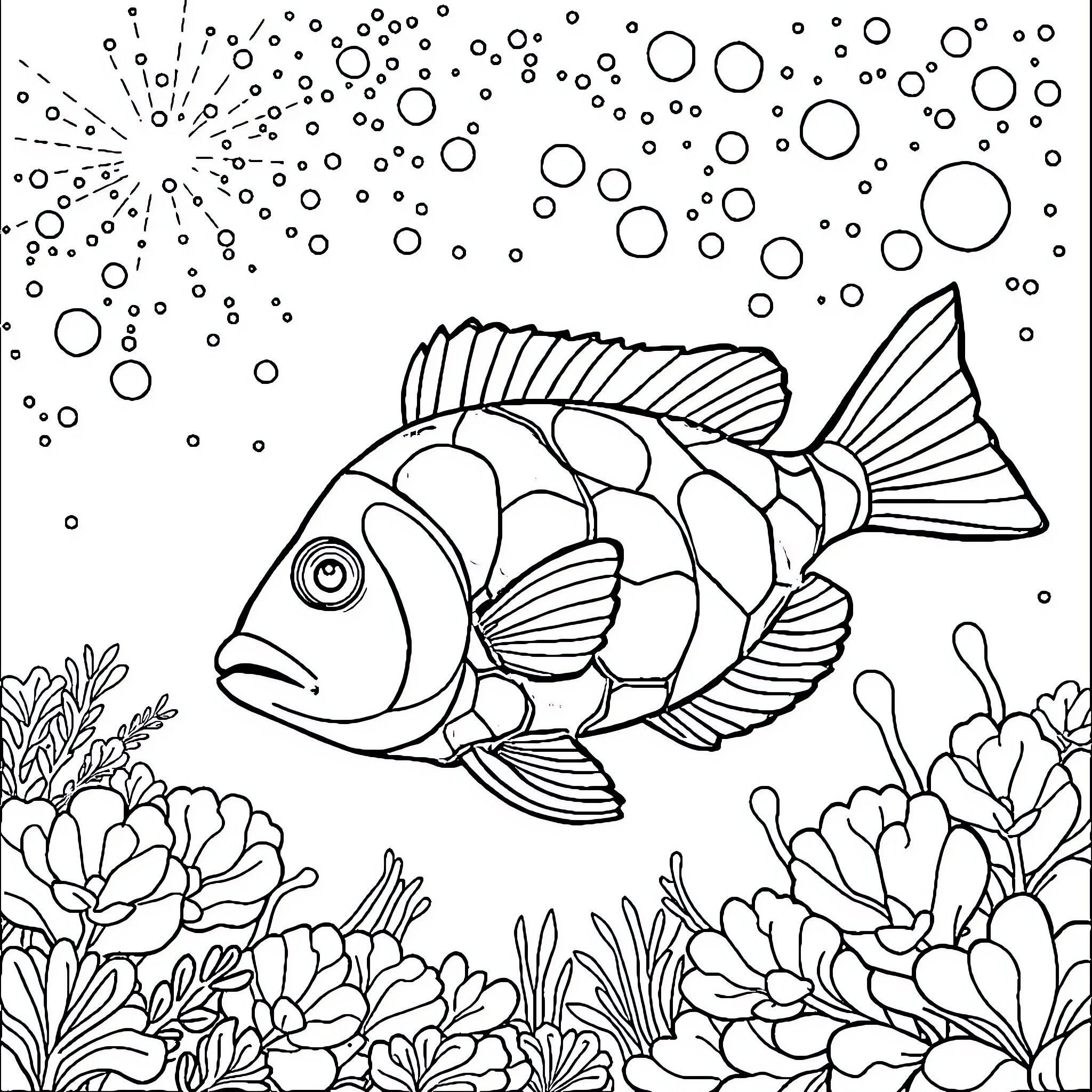 Fish swimming among underwater plants and bubbles Coloring Page (free black-and-white line drawing printable PDF for all, from beginners to advanced learners, including children, teens, adults, and seniors)