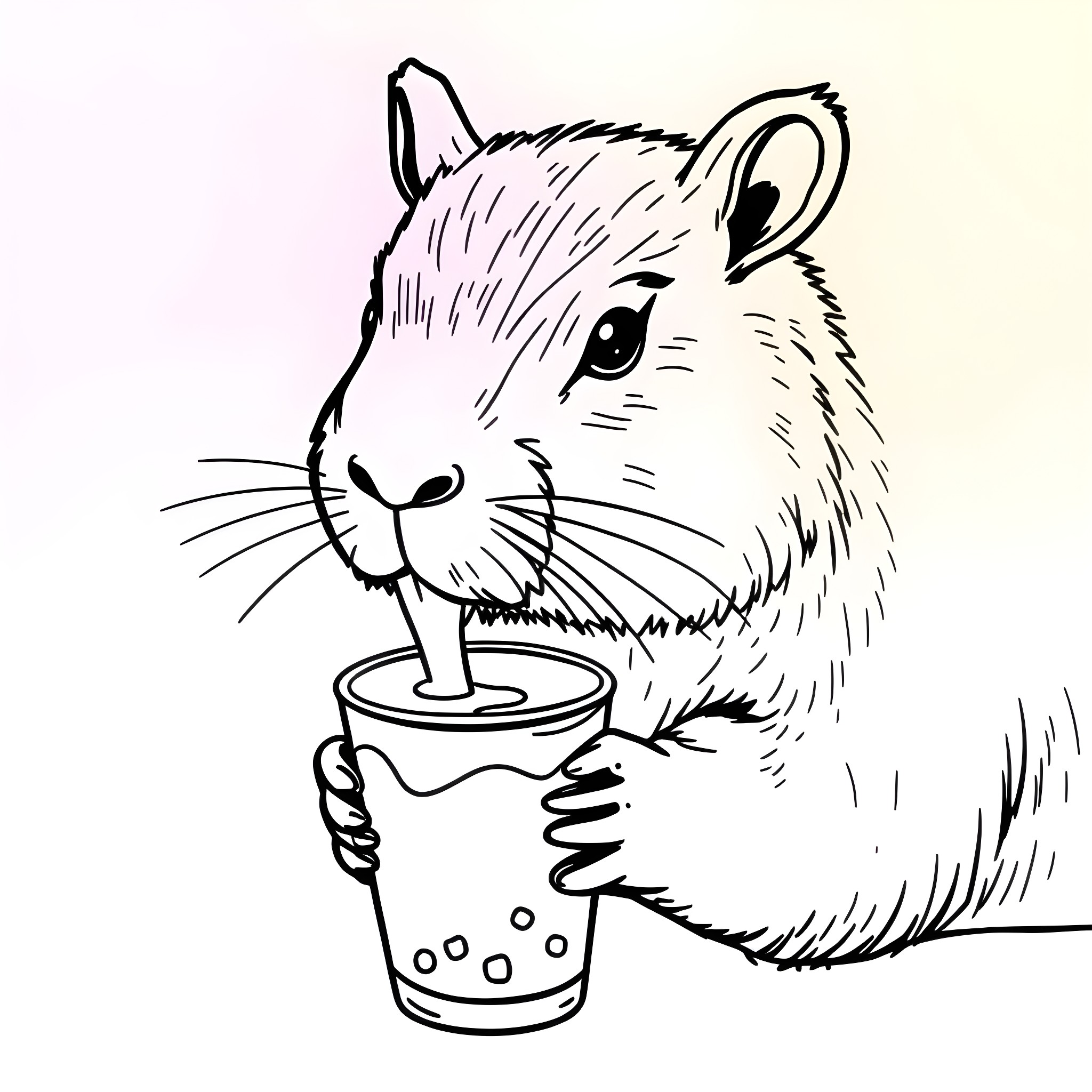 Capybara enjoying a refreshing drink Coloring Page (free black-and-white line drawing printable PDF for all, from beginners to advanced learners, including children, teens, adults, and seniors)