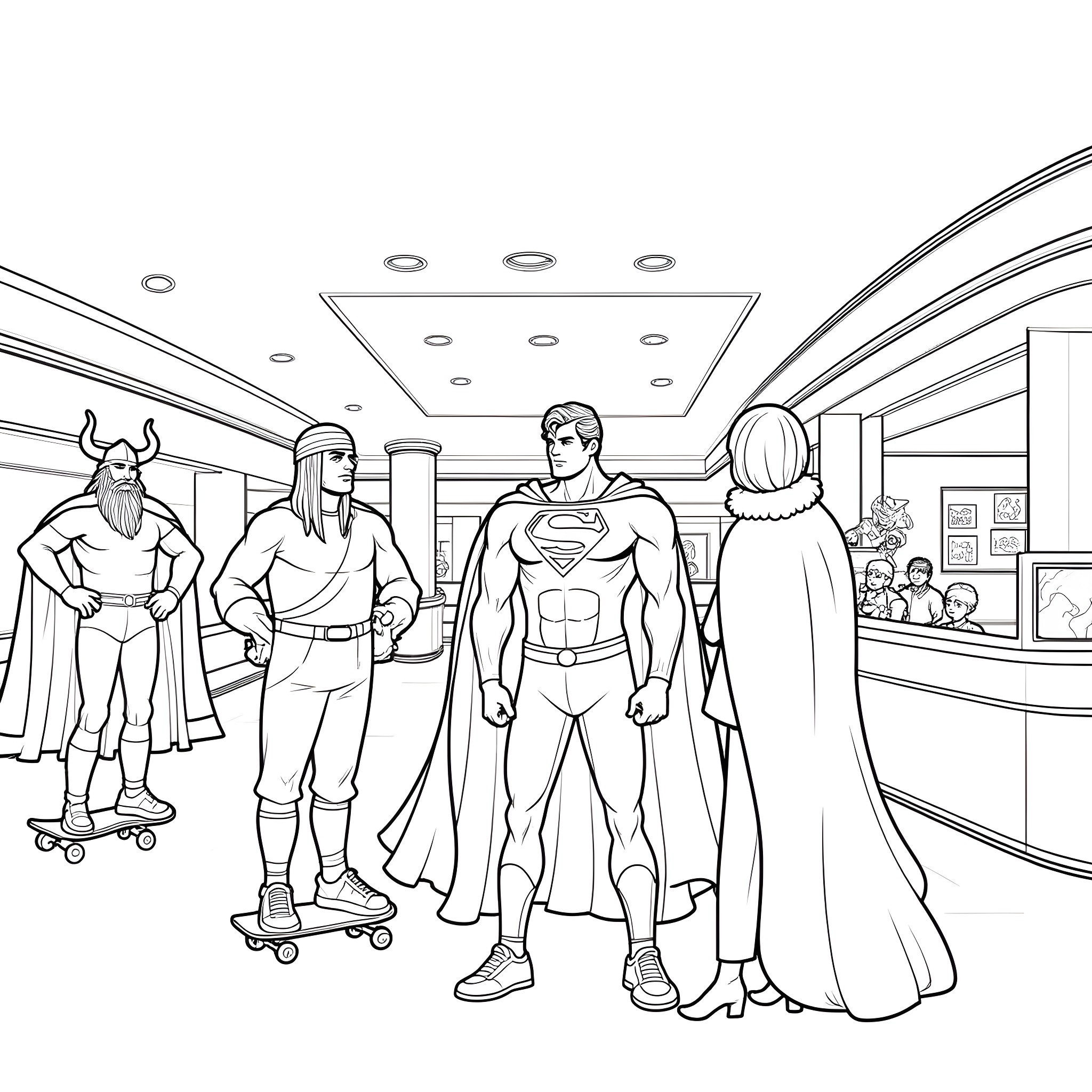 Superman and friends explore the superhero headquarters Coloring Page (free black-and-white line drawing printable PDF for all, from beginners to advanced learners, including children, teens, adults, and seniors)