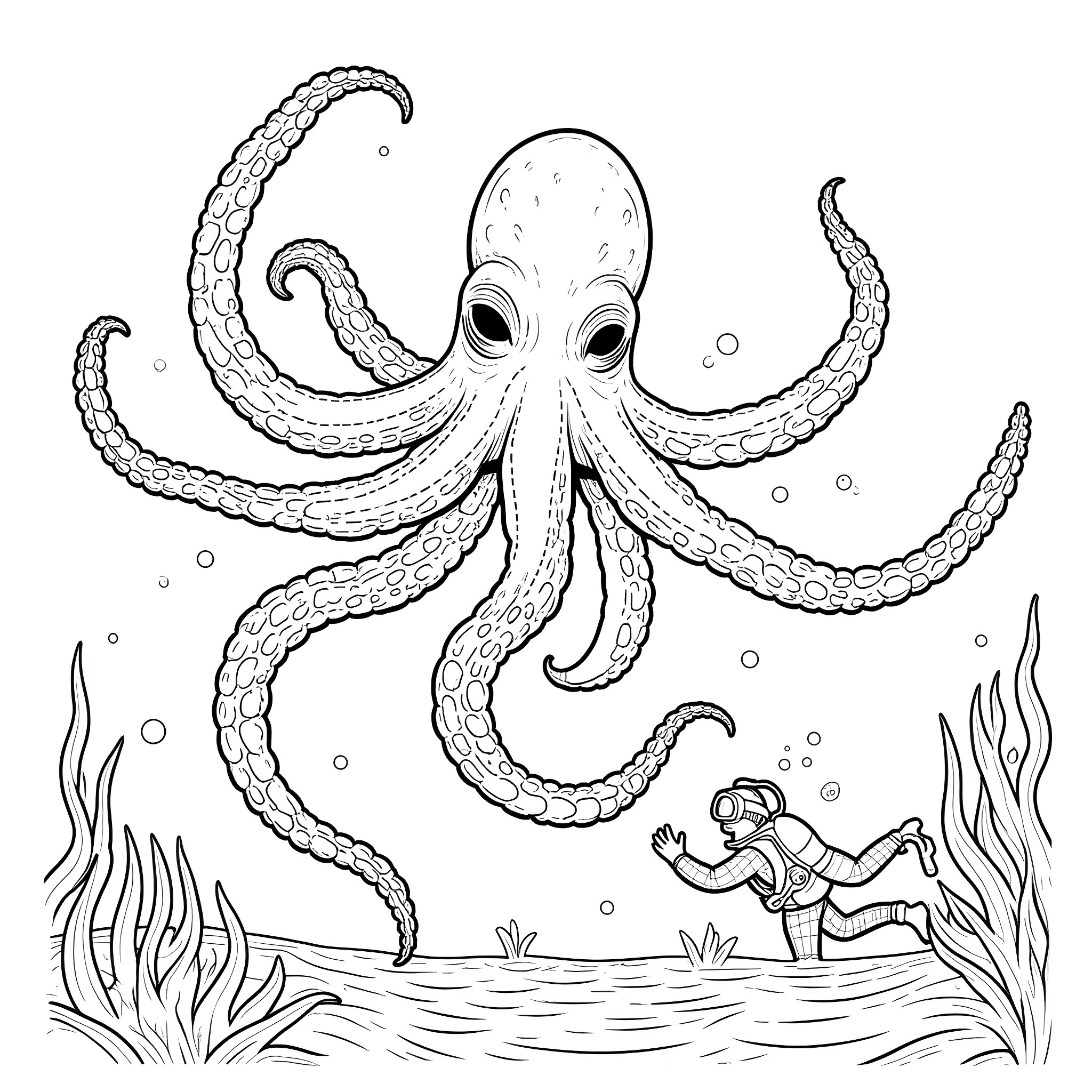 Cthulhu's Underwater Encounter with Diver Coloring Page (free black-and-white line drawing printable PDF for all, from beginners to advanced learners, including children, teens, adults, and seniors)