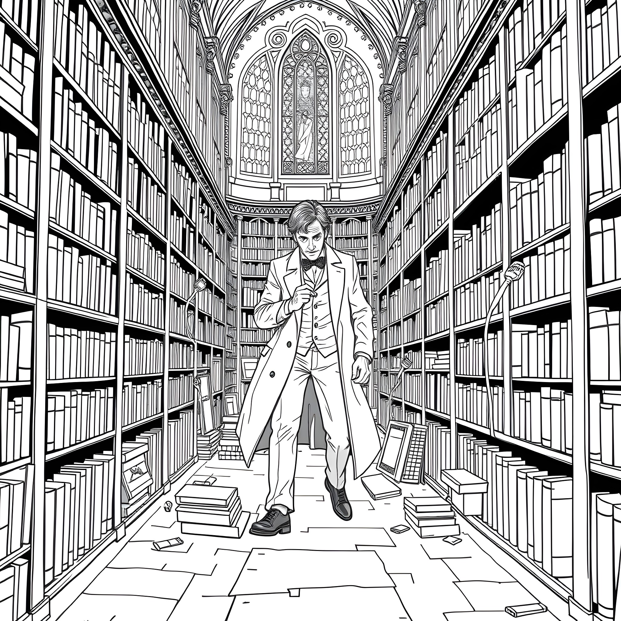 Doctor Studying Ancient Texts in a Magnificent Library Coloring Page (free black-and-white line drawing printable PDF for all, from beginners to advanced learners, including children, teens, adults, and seniors)