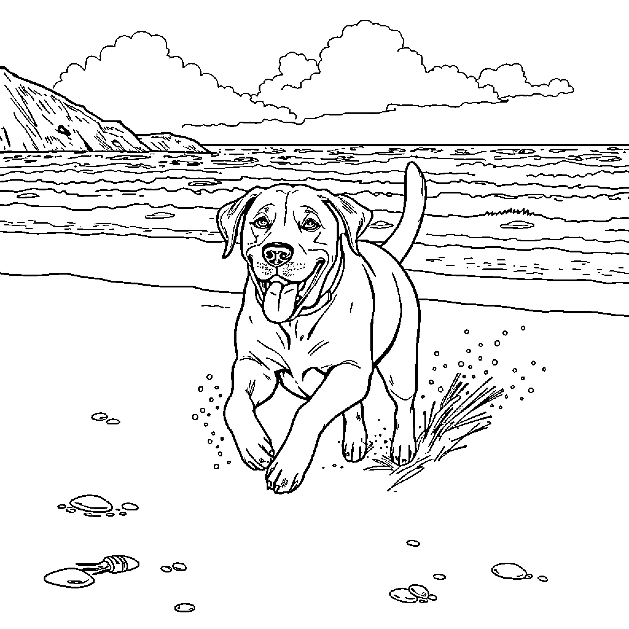 Labrador playing joyfully on the beach Coloring Page (free black-and-white line drawing printable PDF for all, from beginners to advanced learners, including children, teens, adults, and seniors)