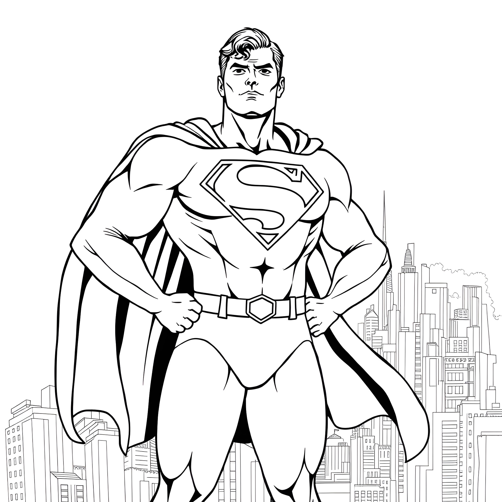 Superman standing heroically in front of a city skyline Coloring Page (free black-and-white line drawing printable PDF for all, from beginners to advanced learners, including children, teens, adults, and seniors)