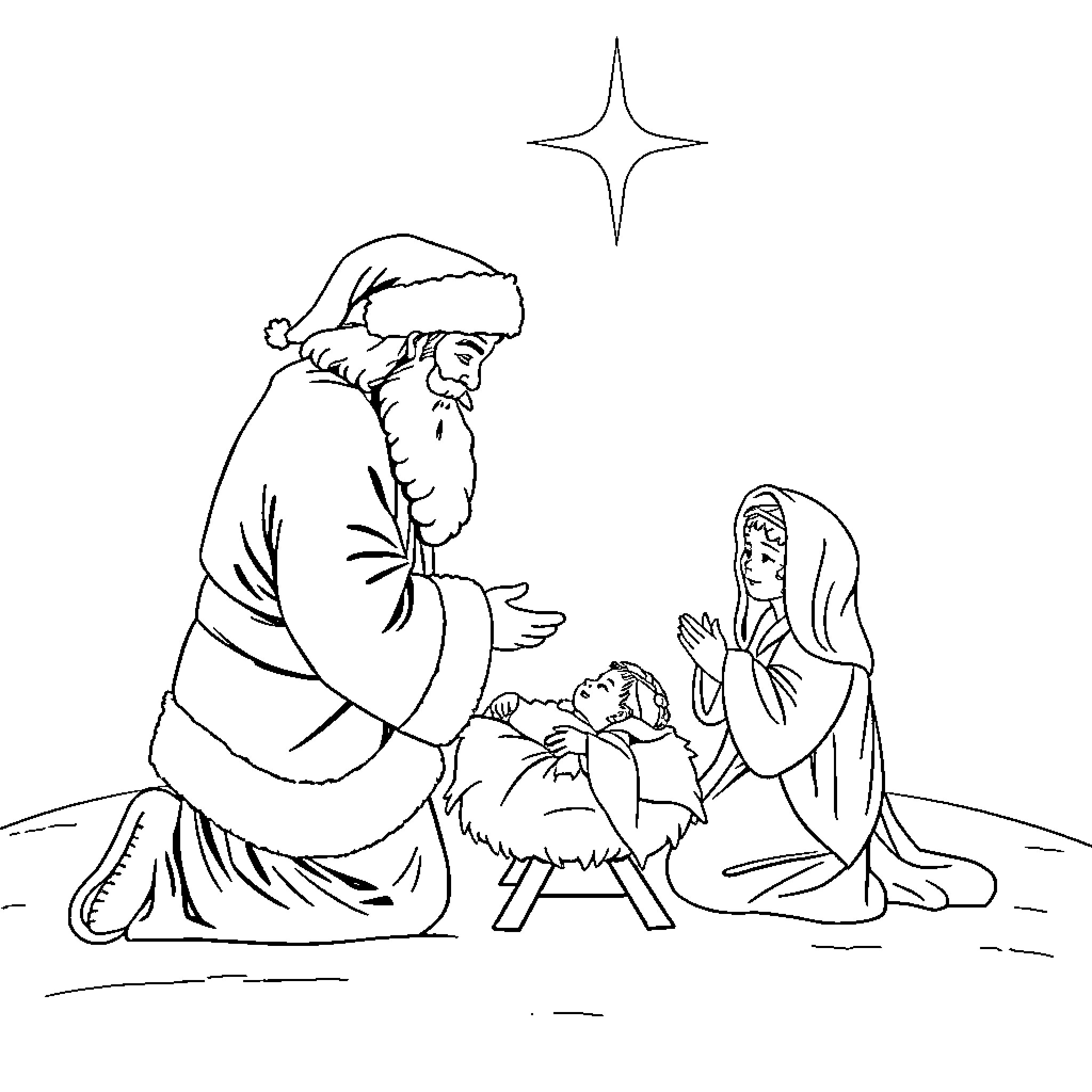 Santa and the Holy Family in Nativity Scene Coloring Page (free black-and-white line drawing printable PDF for all, from beginners to advanced learners, including children, teens, adults, and seniors)