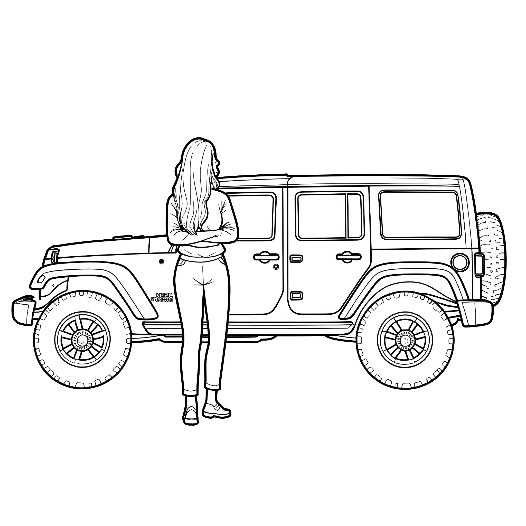 Journalist examining off-road vehicle outdoors Coloring Page (free black-and-white line drawing printable PDF for all, from beginners to advanced learners, including children, teens, adults, and seniors)