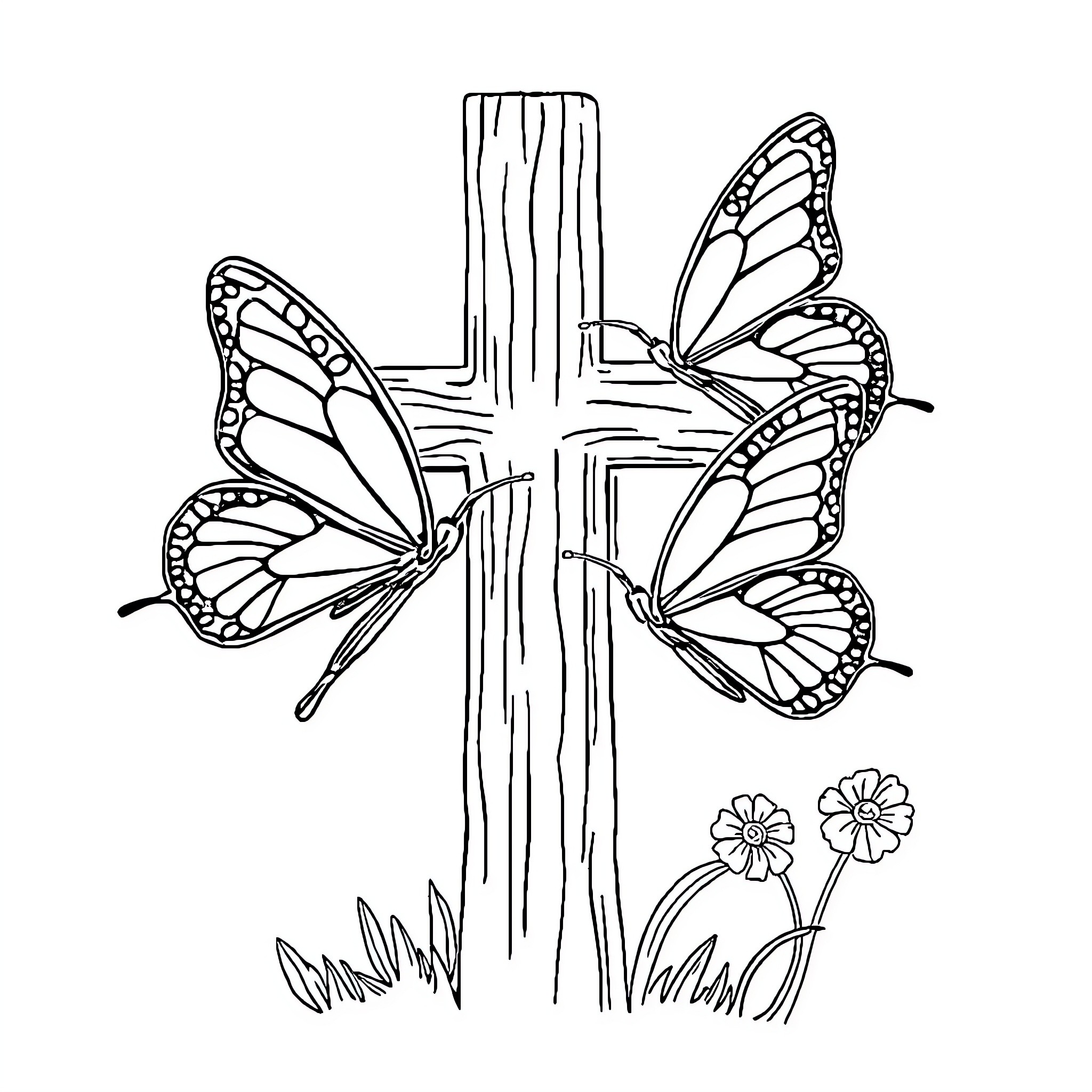 Butterflies perching on a cross with flowers Coloring Page (free black-and-white line drawing printable PDF for all, from beginners to advanced learners, including children, teens, adults, and seniors)