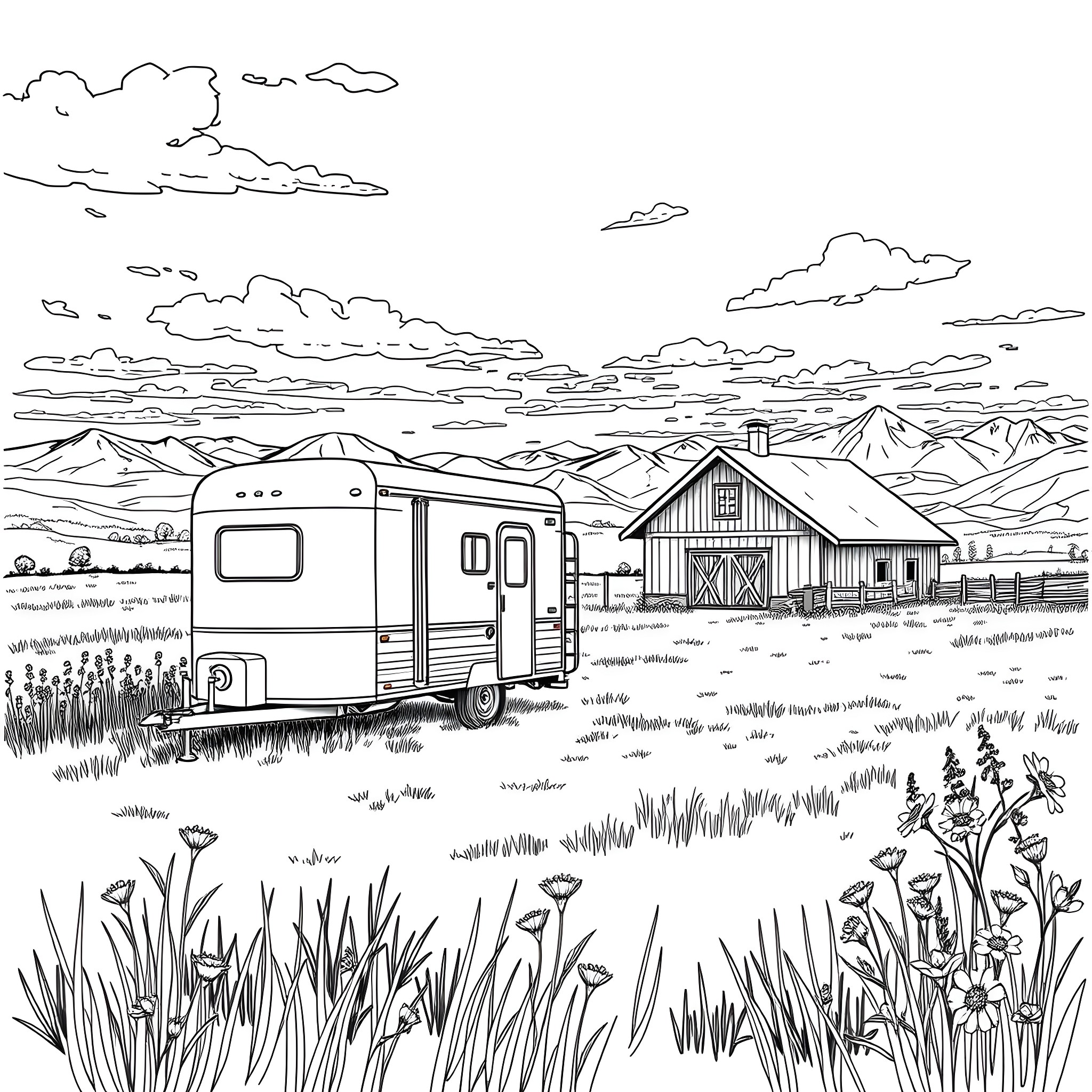 Gooseneck Trailer in a Scenic Mountain Landscape Coloring Page (free black-and-white line drawing printable PDF for all, from beginners to advanced learners, including children, teens, adults, and seniors)