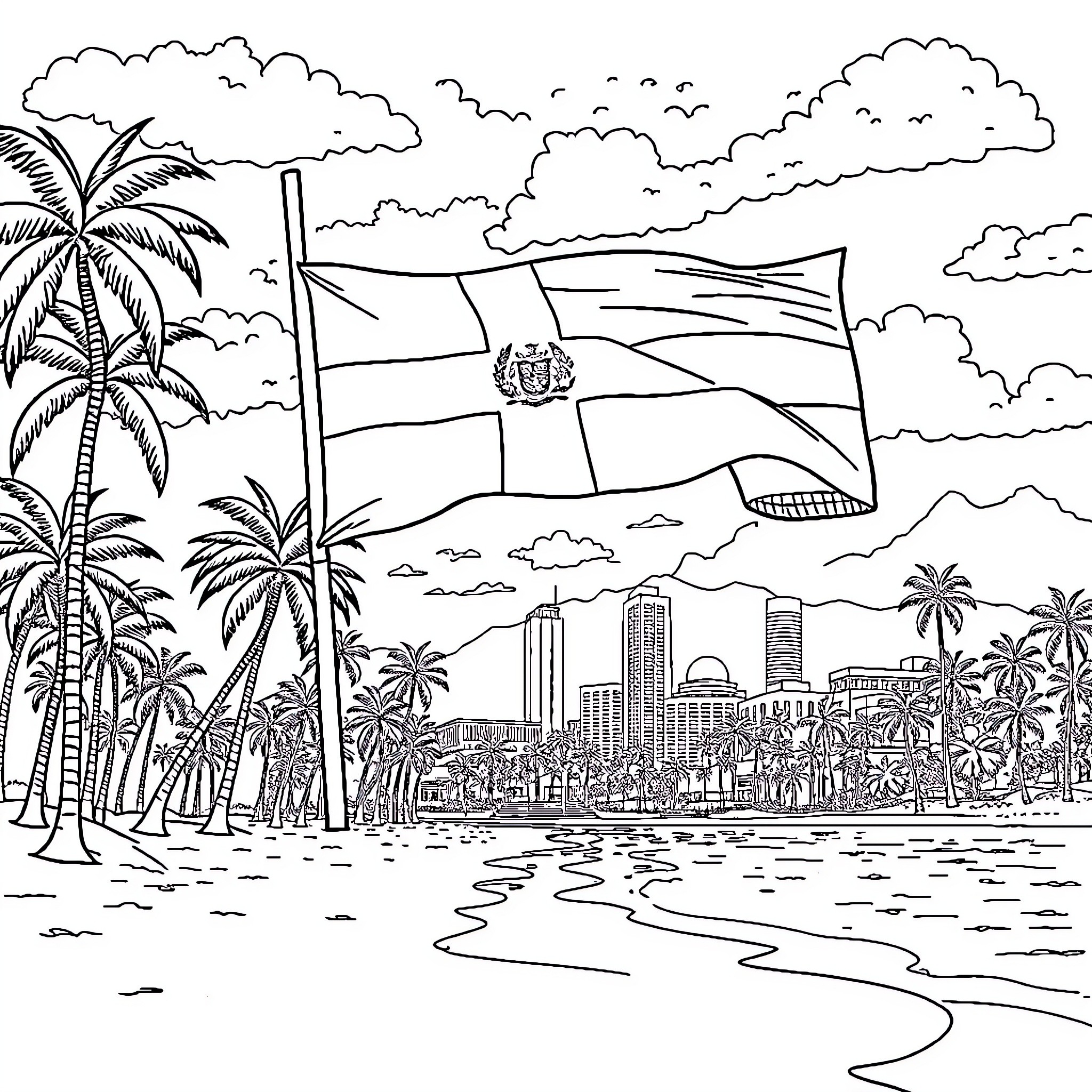 Flag waving proudly over tropical cityscape Coloring Page (free black-and-white line drawing printable PDF for all, from beginners to advanced learners, including children, teens, adults, and seniors)