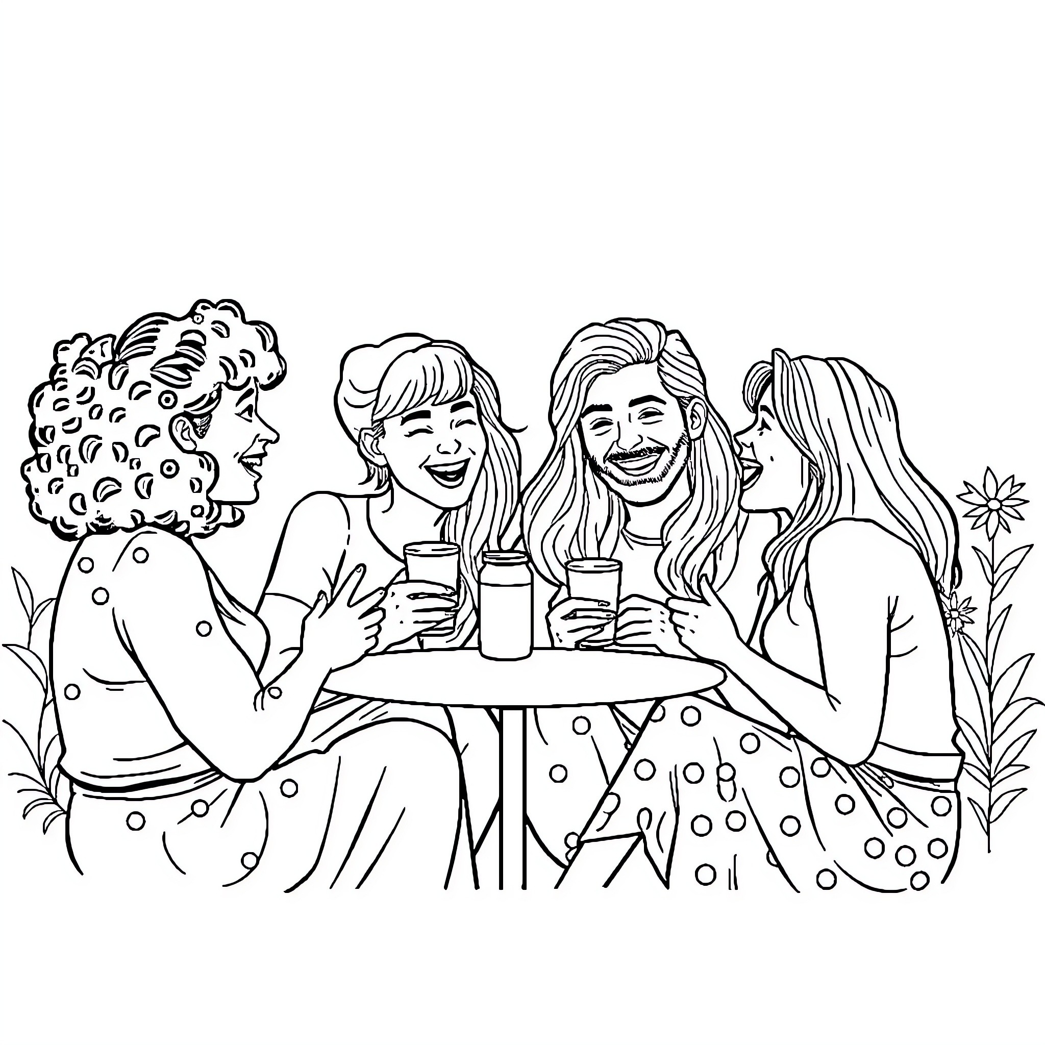 Gabi and friends having a fun time together Coloring Page (free black-and-white line drawing printable PDF for all, from beginners to advanced learners, including children, teens, adults, and seniors)