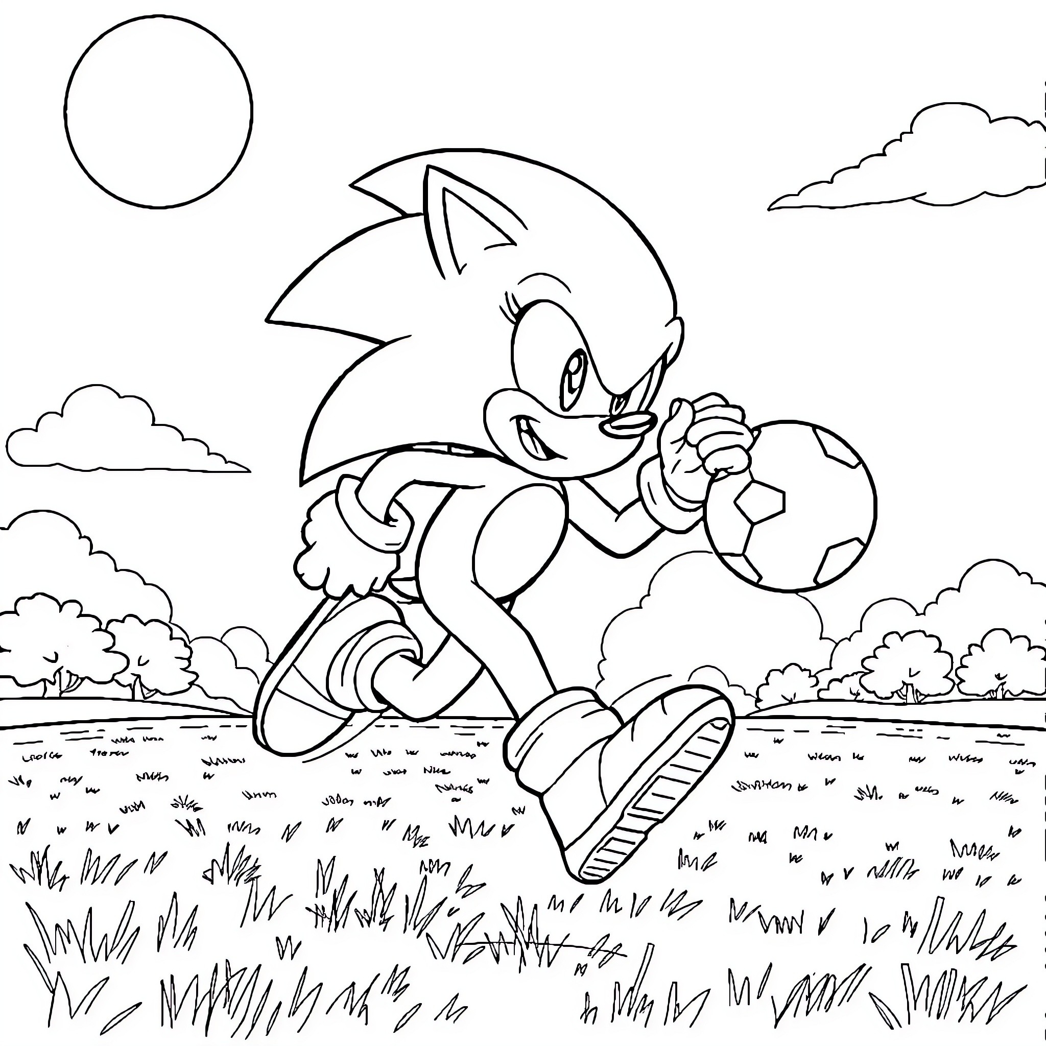 Sonic running energetically through a scenic landscape Coloring Page (free black-and-white line drawing printable PDF for all, from beginners to advanced learners, including children, teens, adults, and seniors)
