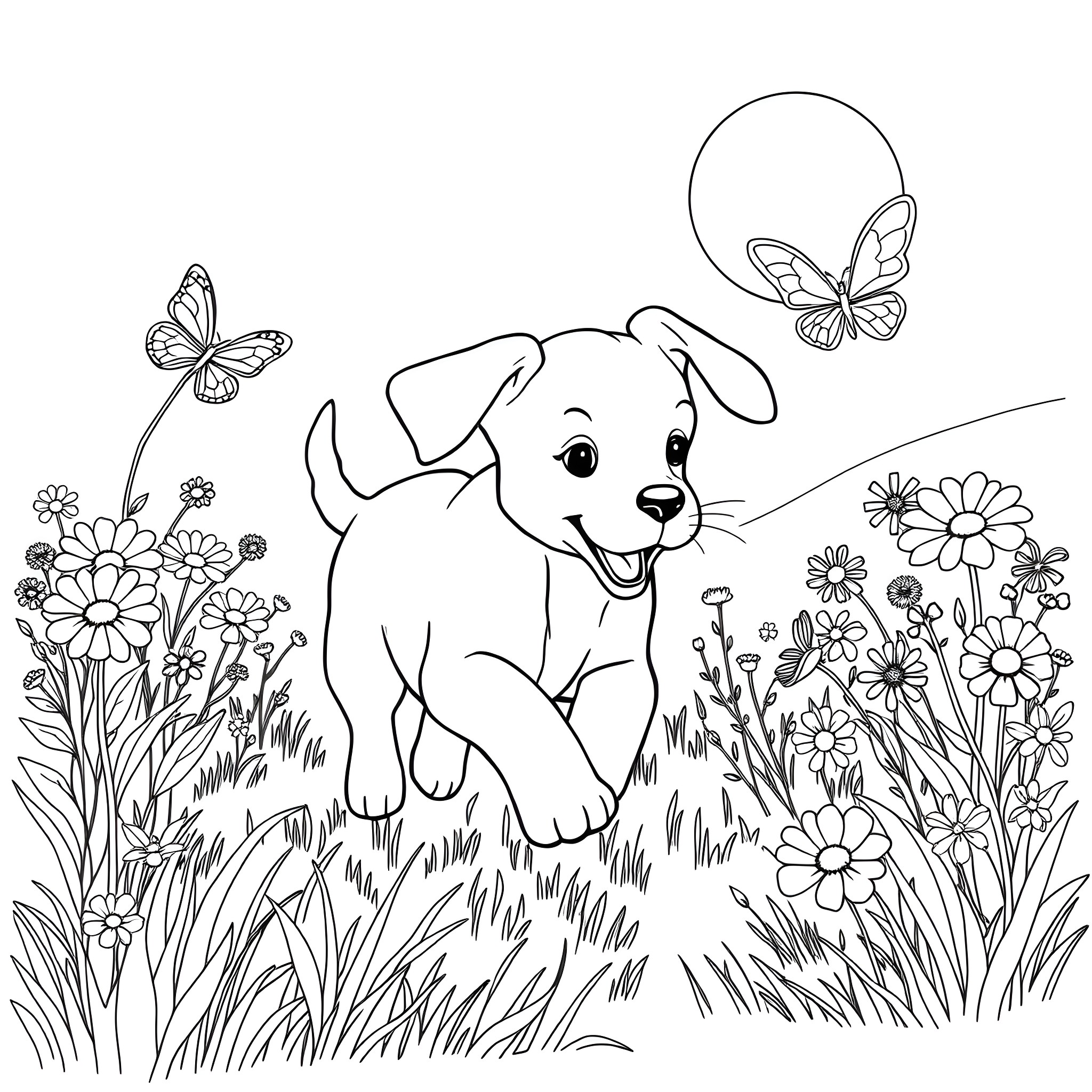 Puppy exploring a flowery field with butterflies Coloring Page (free black-and-white line drawing printable PDF for all, from beginners to advanced learners, including children, teens, adults, and seniors)