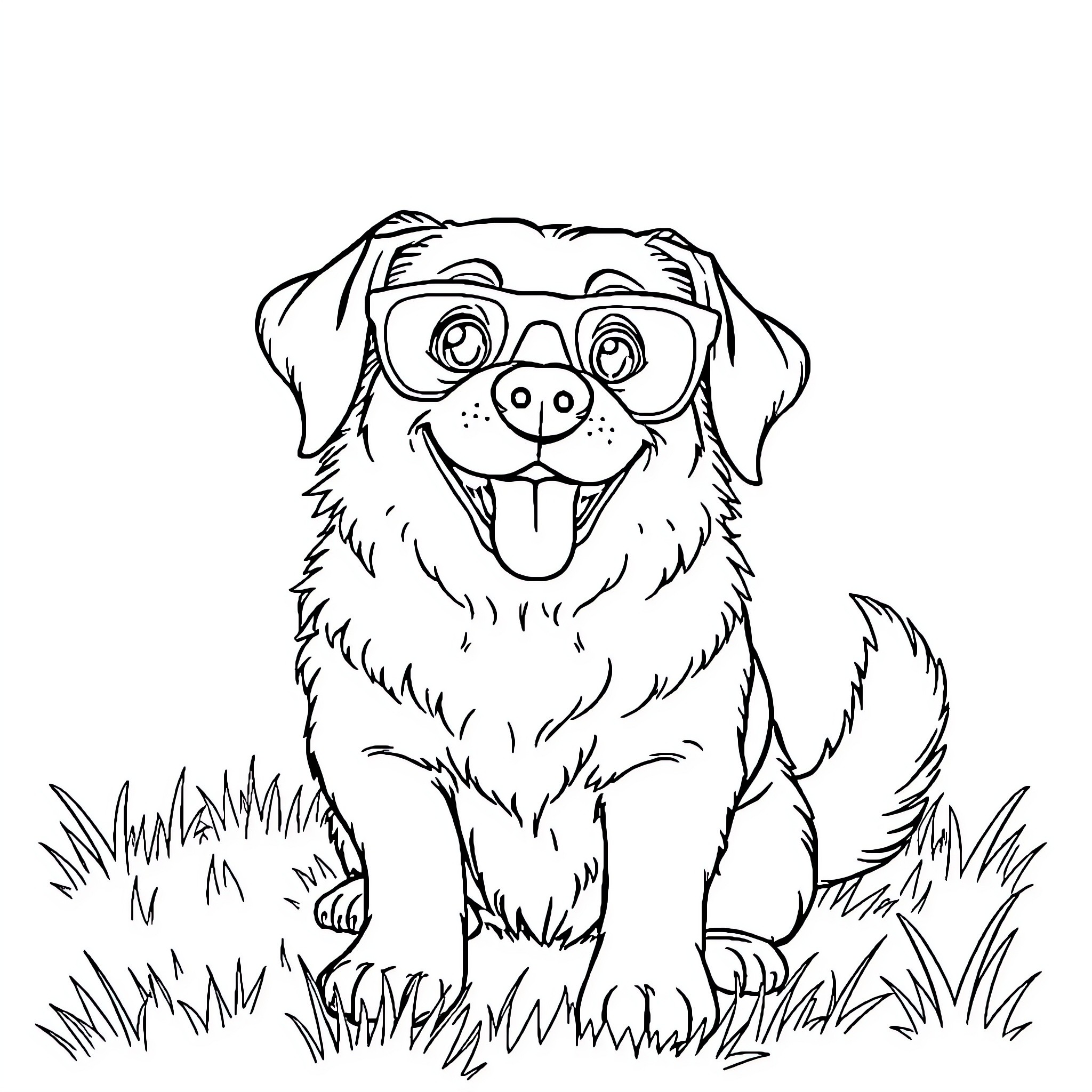 Dog wearing glasses in the grass Coloring Page (free black-and-white line drawing printable PDF for all, from beginners to advanced learners, including children, teens, adults, and seniors)