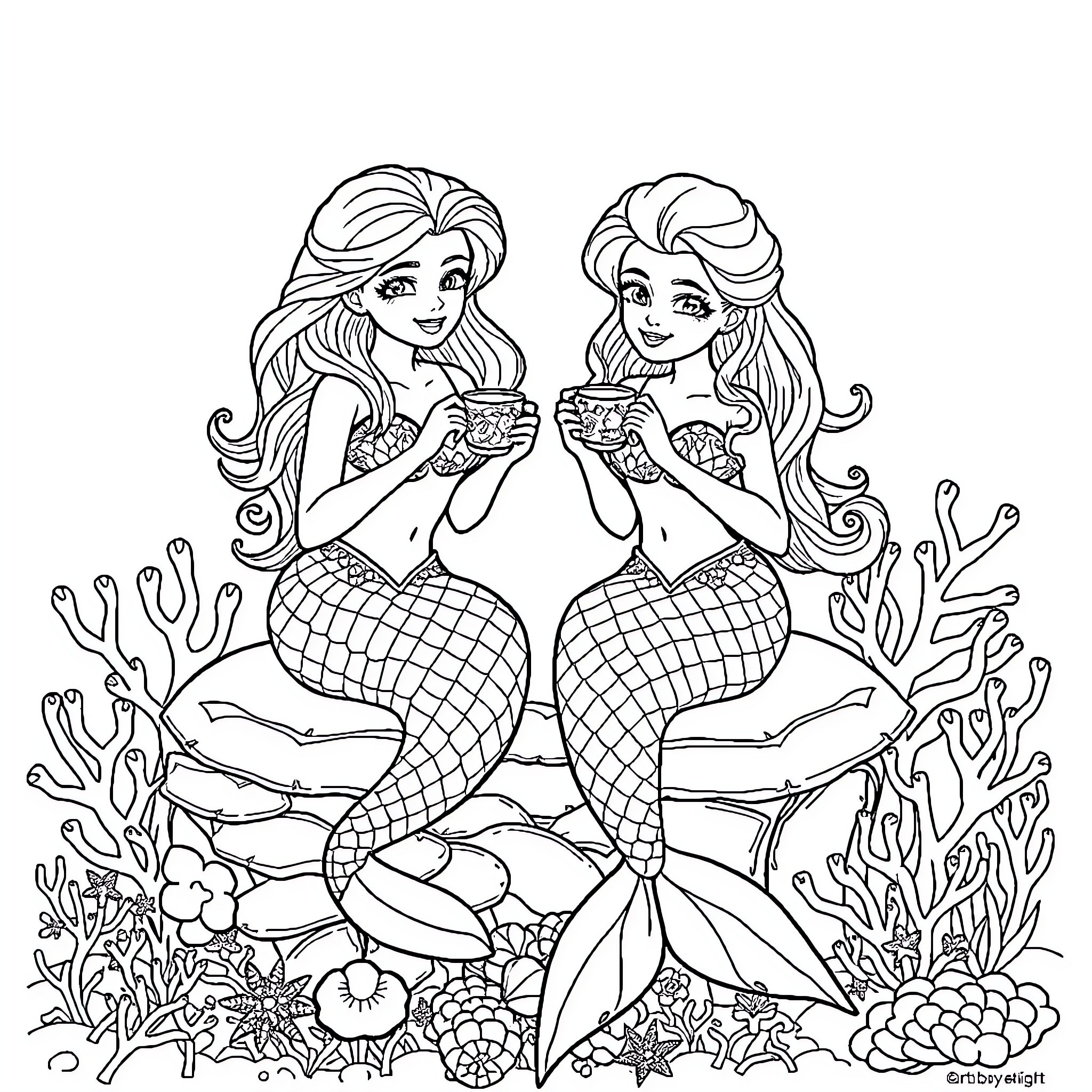 Mermaid sisters relaxing in the underwater garden Coloring Page (free black-and-white line drawing printable PDF for all, from beginners to advanced learners, including children, teens, adults, and seniors)