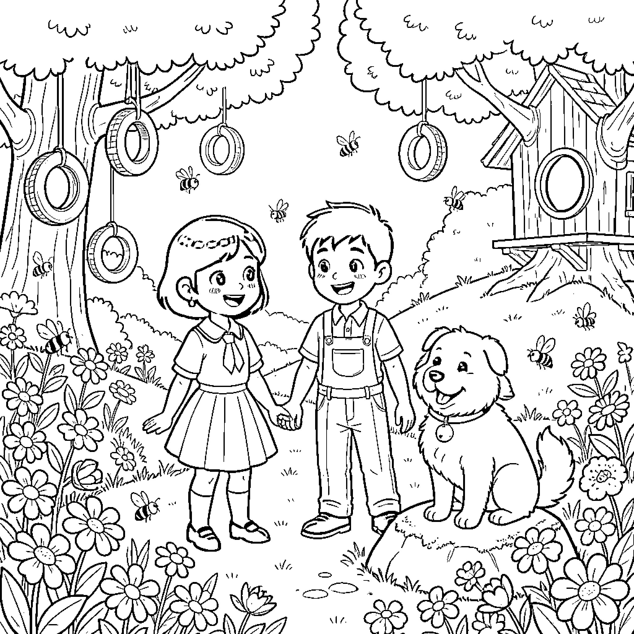 Child's Playful Day in the Enchanted Forest Coloring Page (free black-and-white line drawing printable PDF for all, from beginners to advanced learners, including children, teens, adults, and seniors)