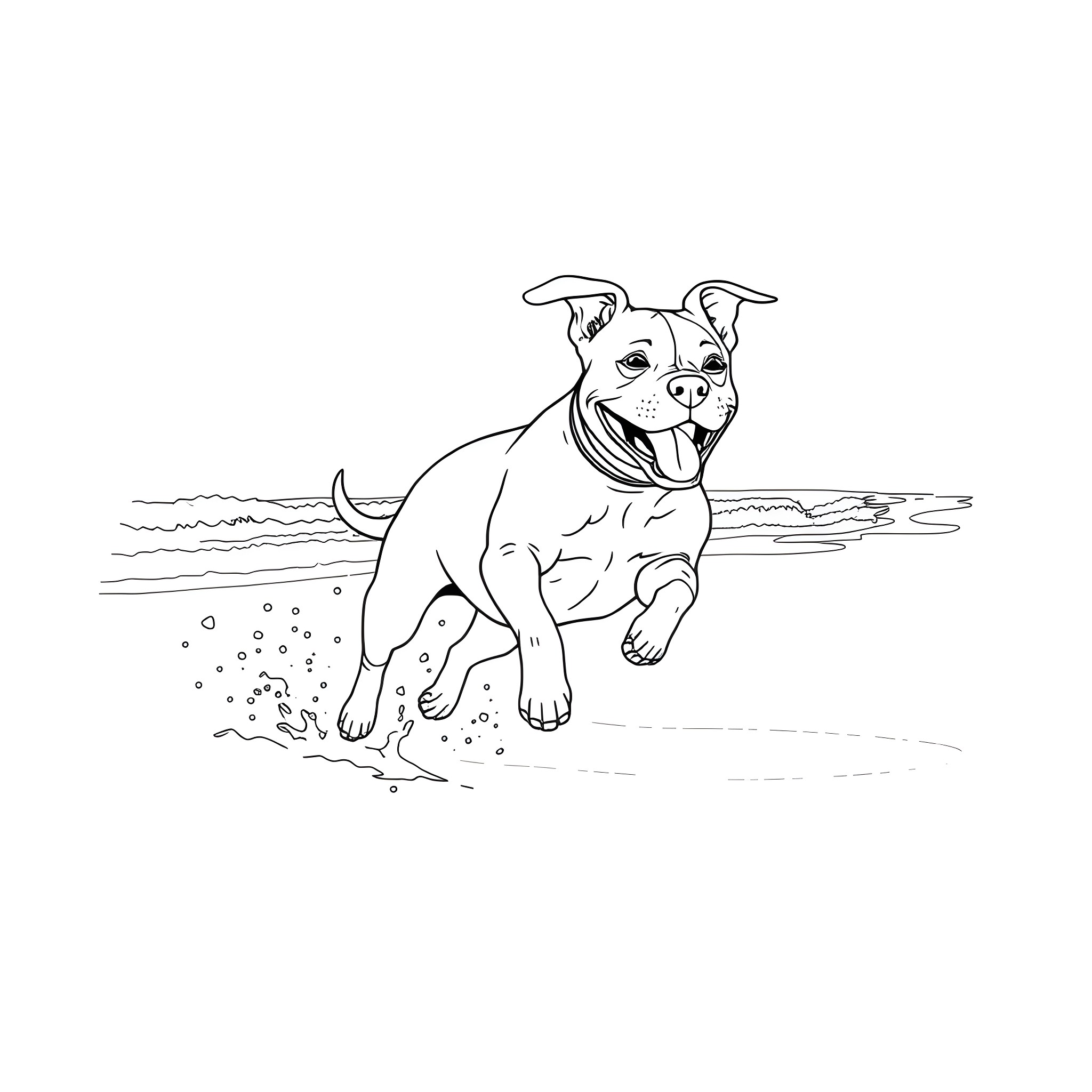 Pit Bull playing happily in the water Coloring Page (free black-and-white line drawing printable PDF for all, from beginners to advanced learners, including children, teens, adults, and seniors)