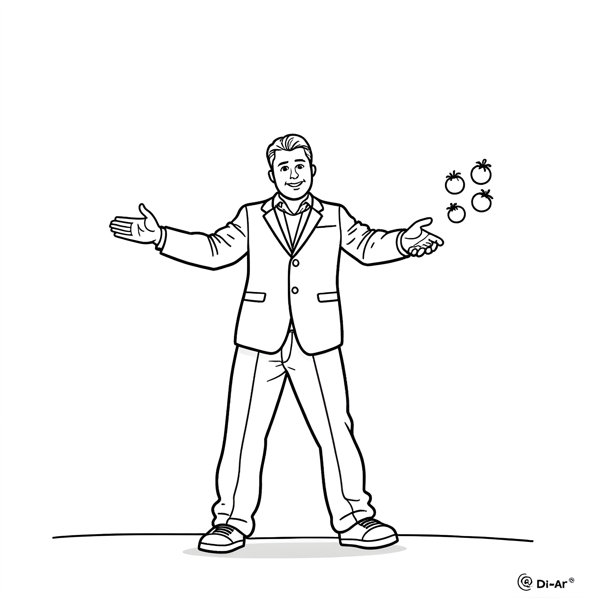 Tim Heidecker performing on stage with apples Coloring Page (free black-and-white line drawing printable PDF for all, from beginners to advanced learners, including children, teens, adults, and seniors)