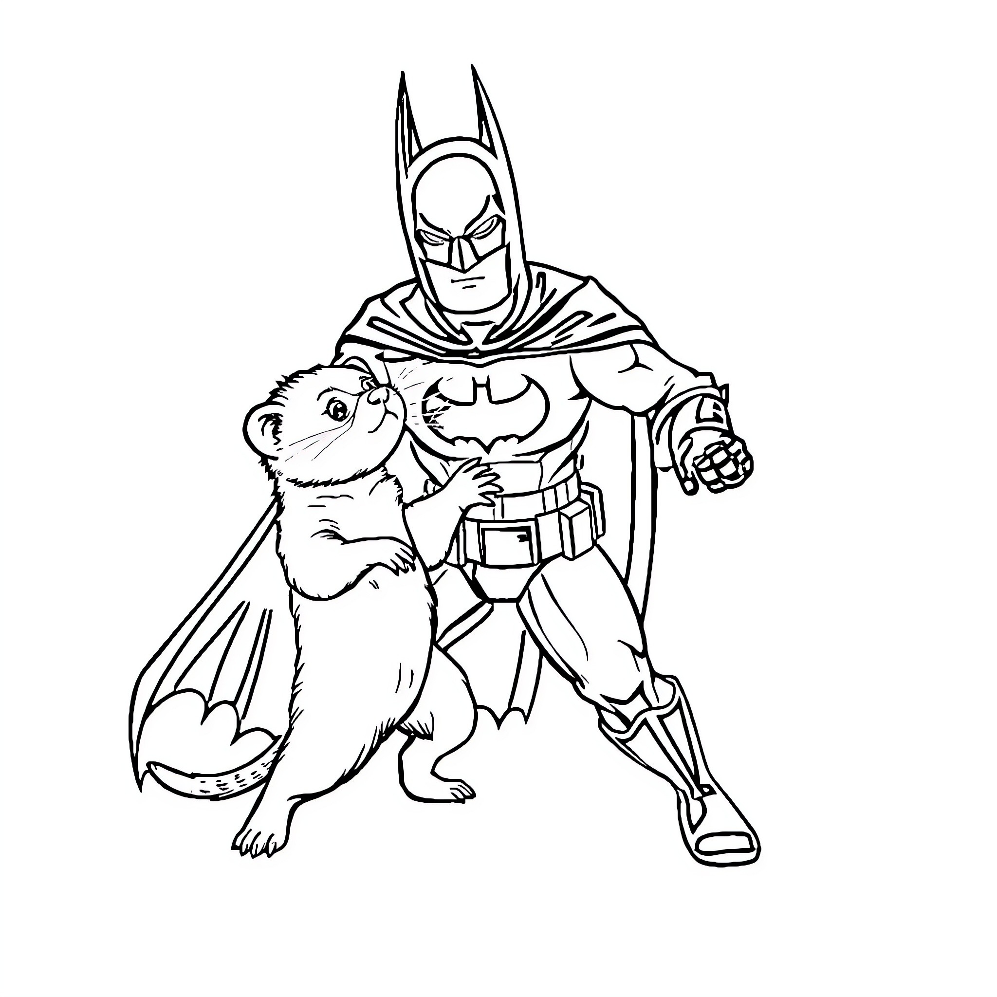 Ferret hero and the caped crusader Coloring Page (free black-and-white line drawing printable PDF for all, from beginners to advanced learners, including children, teens, adults, and seniors)