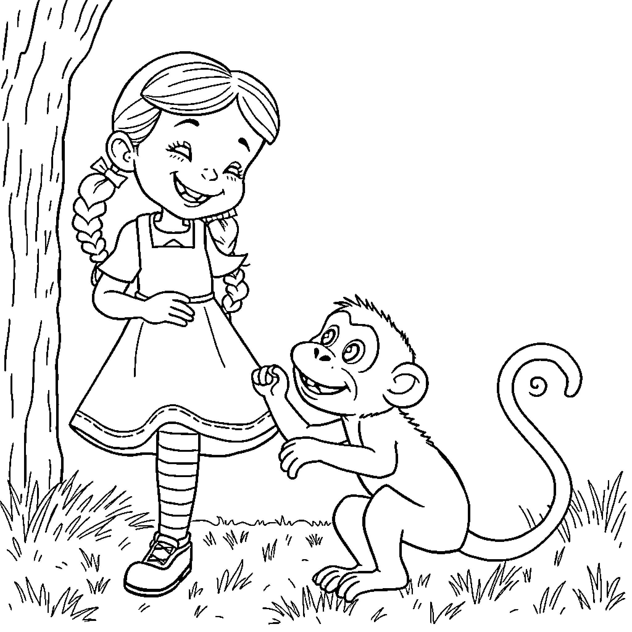 Pippi playing with her pet monkey in the park Coloring Page (free black-and-white line drawing printable PDF for all, from beginners to advanced learners, including children, teens, adults, and seniors)