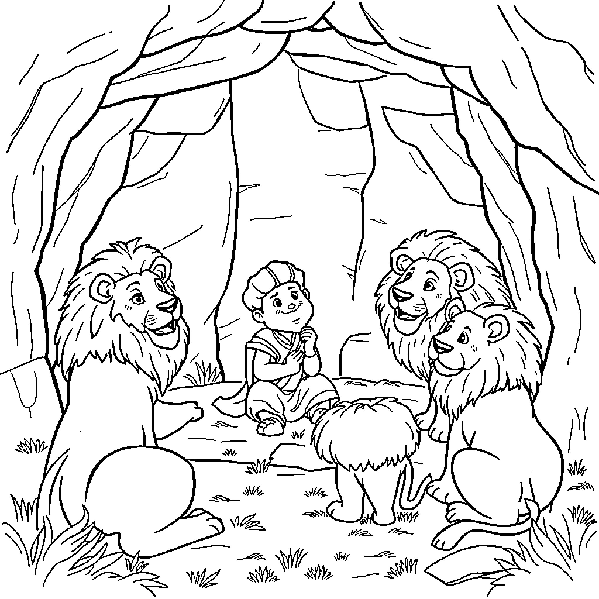 Daniel's Jungle Adventure with Friendly Lions Coloring Page (free black-and-white line drawing printable PDF for all, from beginners to advanced learners, including children, teens, adults, and seniors)