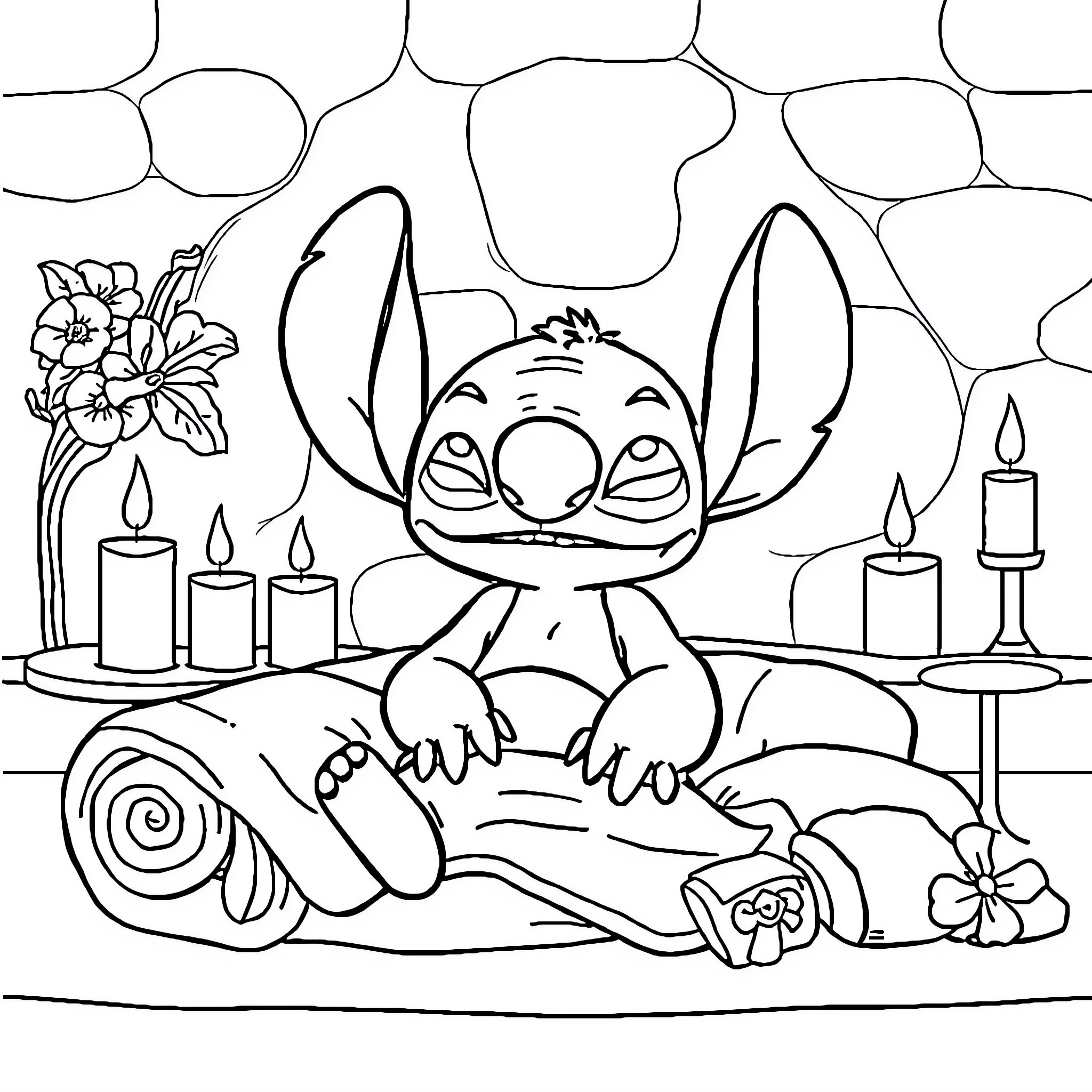 Stitch enjoying a relaxing spa day with candles and flowers Coloring Page (free black-and-white line drawing printable PDF for all, from beginners to advanced learners, including children, teens, adults, and seniors)