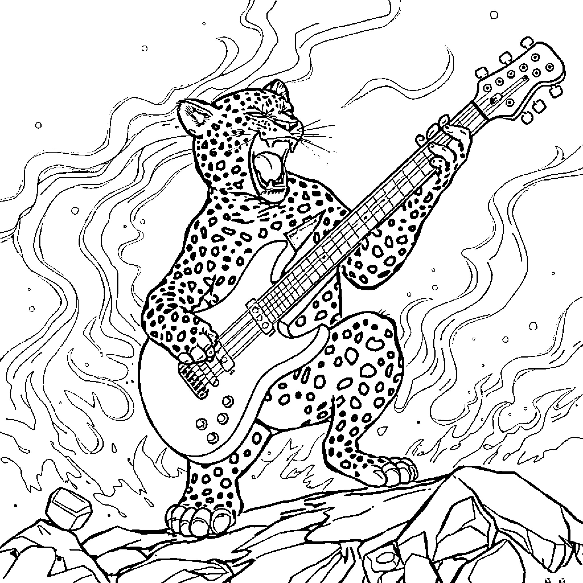 Leopard Rocking Out with Electric Guitar Coloring Page (free black-and-white line drawing printable PDF for all, from beginners to advanced learners, including children, teens, adults, and seniors)