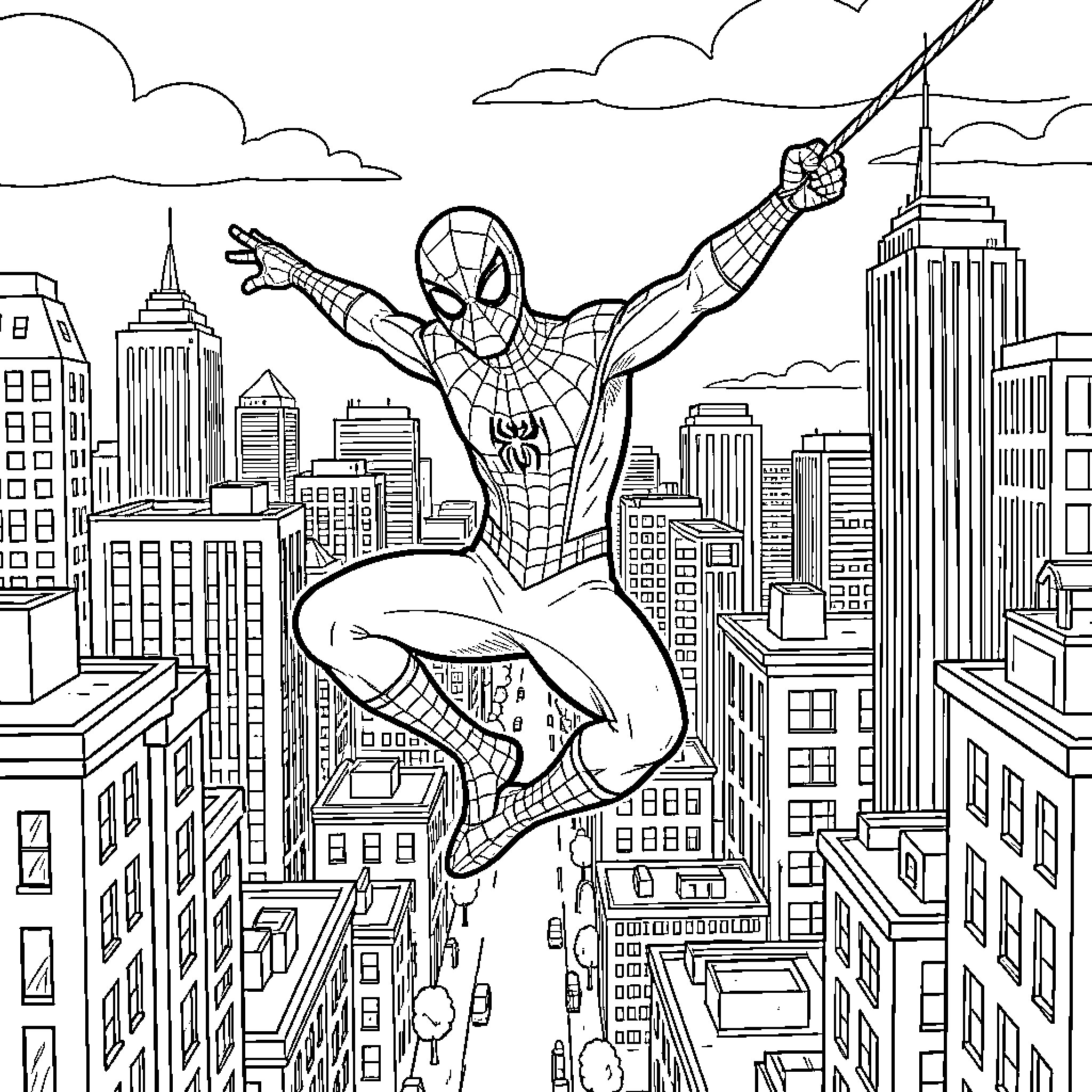 Spiderman swinging through a busy city skyline Coloring Page (free black-and-white line drawing printable PDF for all, from beginners to advanced learners, including children, teens, adults, and seniors)