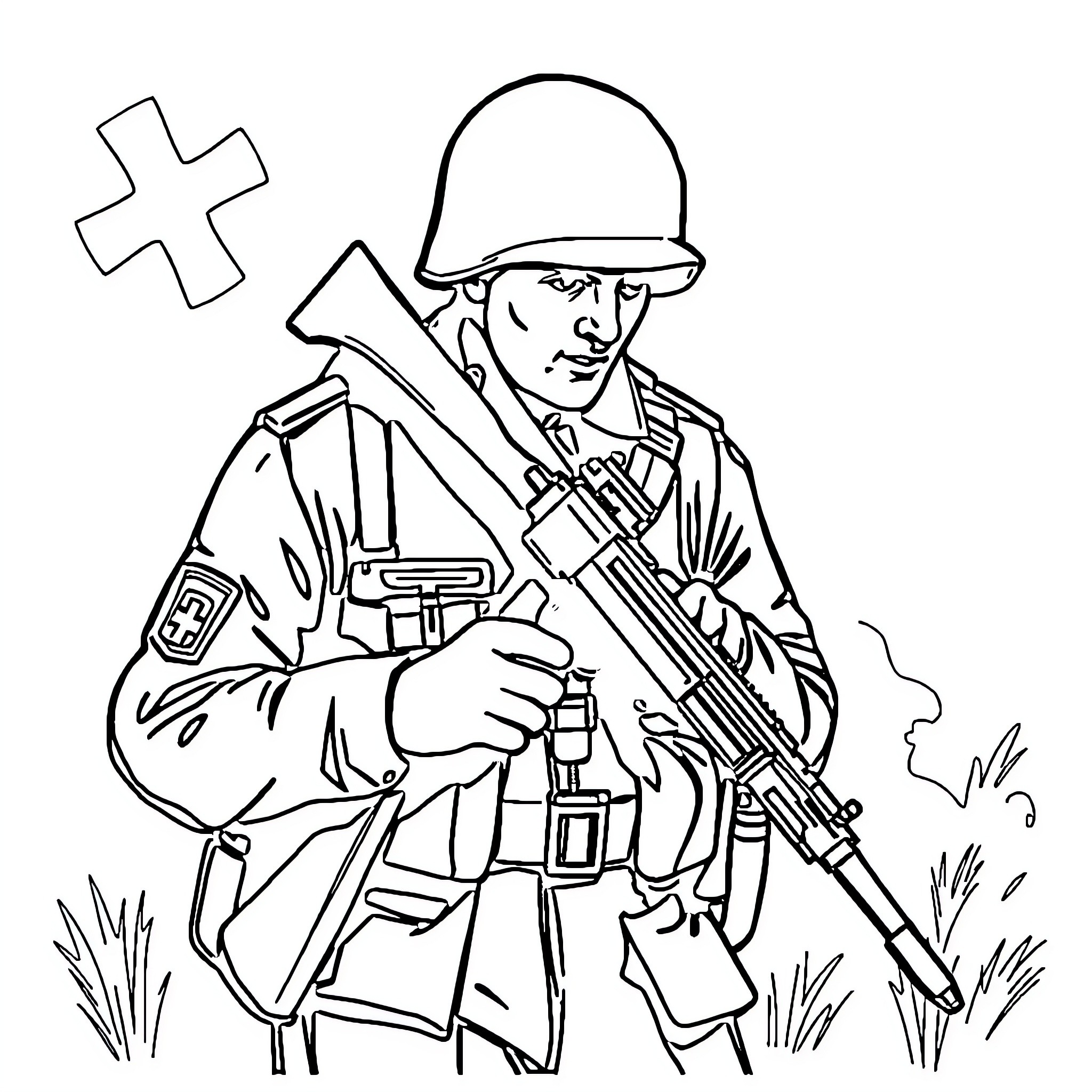 Soldier standing at attention with rifle and medical cross Coloring Page (free black-and-white line drawing printable PDF for all, from beginners to advanced learners, including children, teens, adults, and seniors)