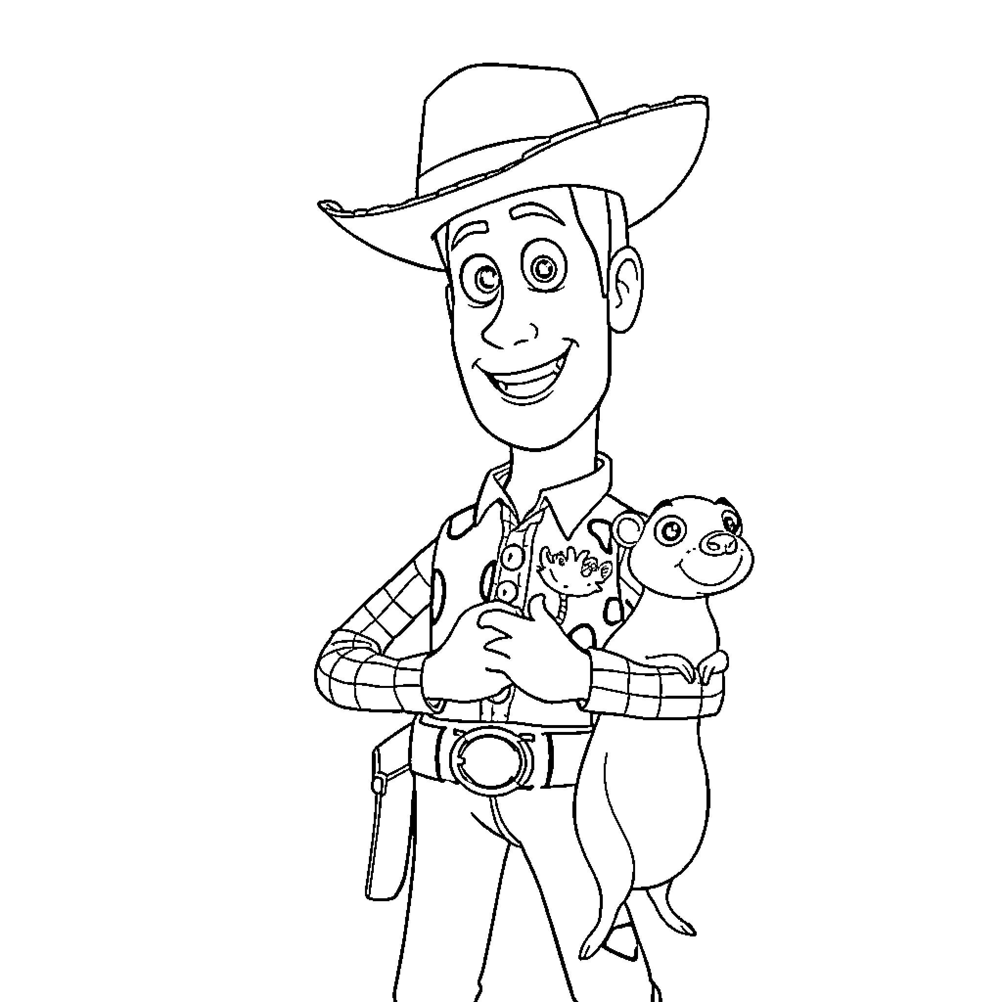 Woody's Cheerful Cowboy Adventure Coloring Page (free black-and-white line drawing printable PDF for all, from beginners to advanced learners, including children, teens, adults, and seniors)