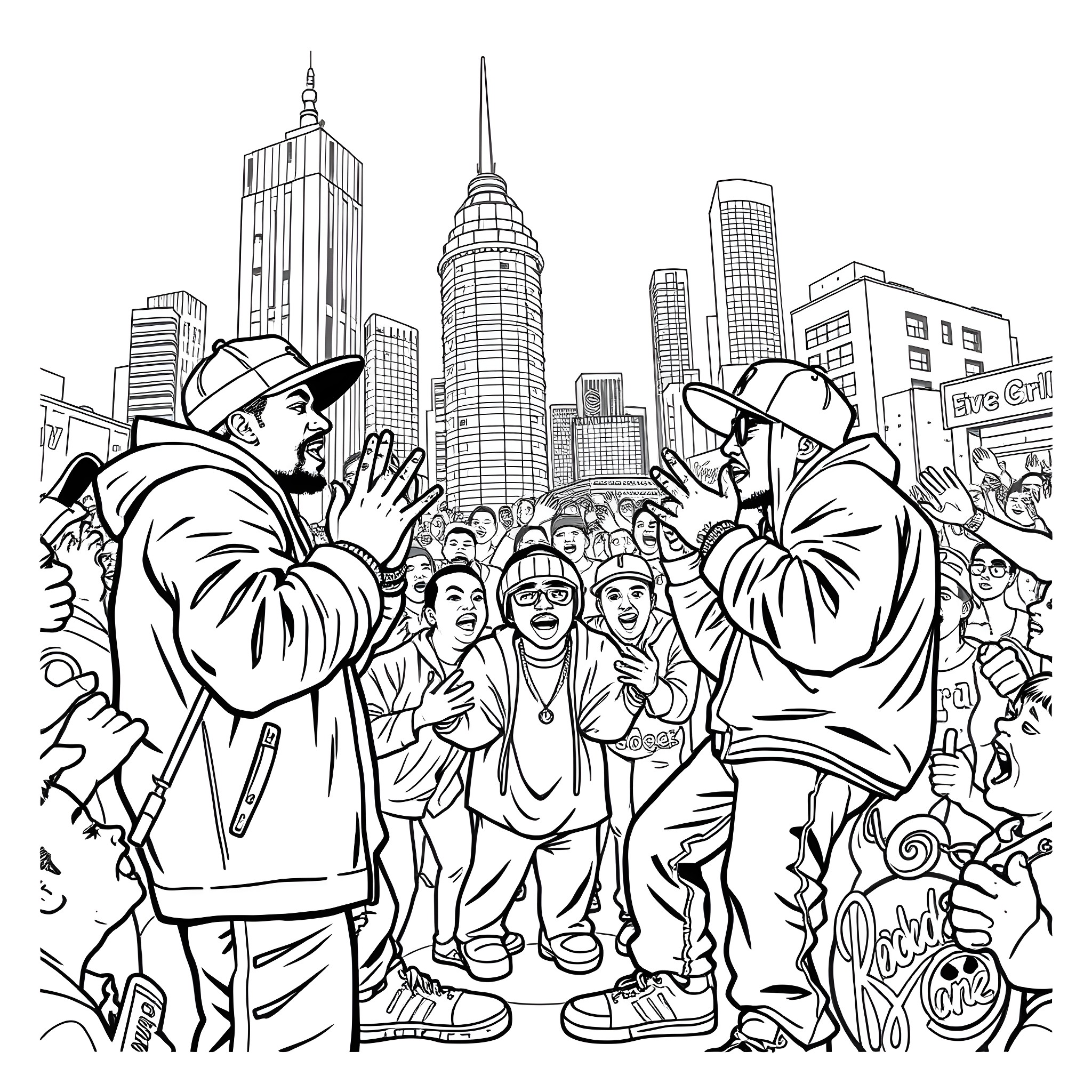 Rappers Performing on a City Street Coloring Page (free black-and-white line drawing printable PDF for all, from beginners to advanced learners, including children, teens, adults, and seniors)