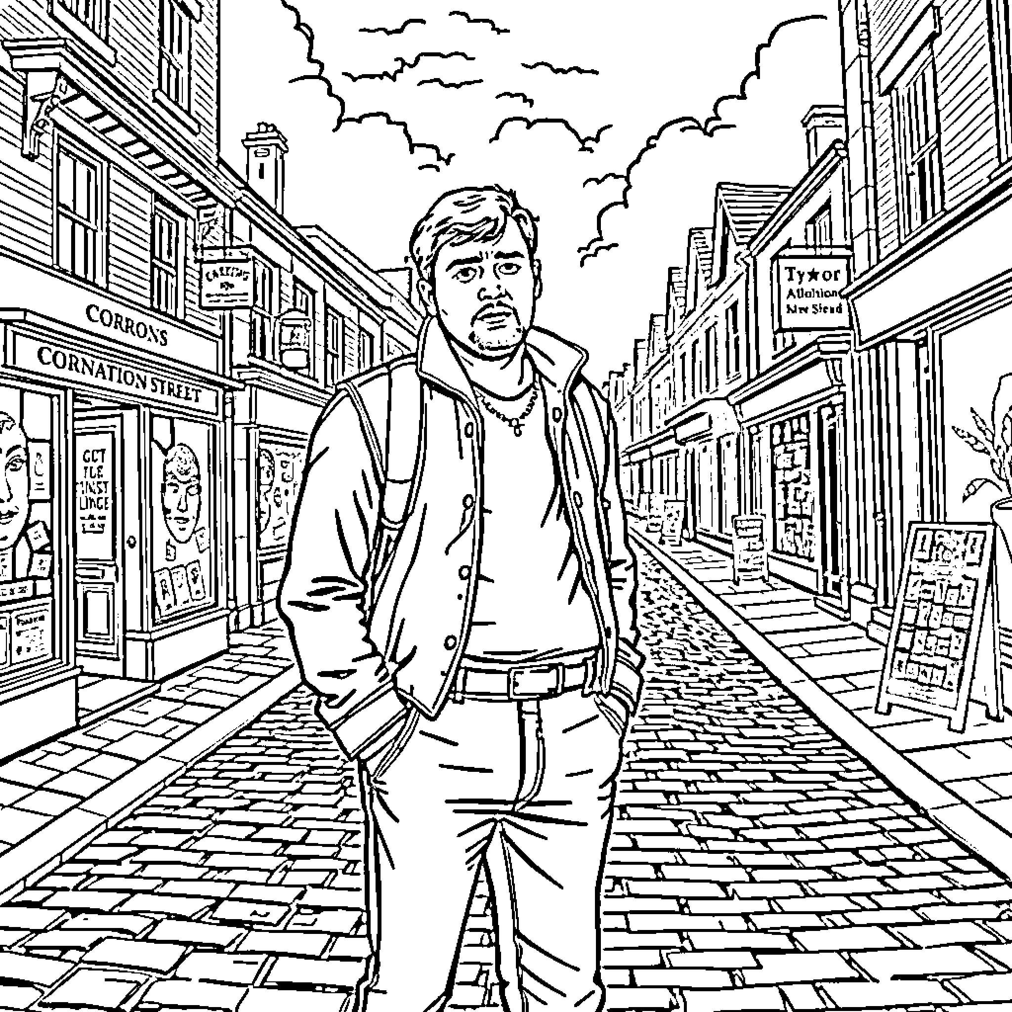 Tyrone strolling through the lively city streets Coloring Page (free black-and-white line drawing printable PDF for all, from beginners to advanced learners, including children, teens, adults, and seniors)