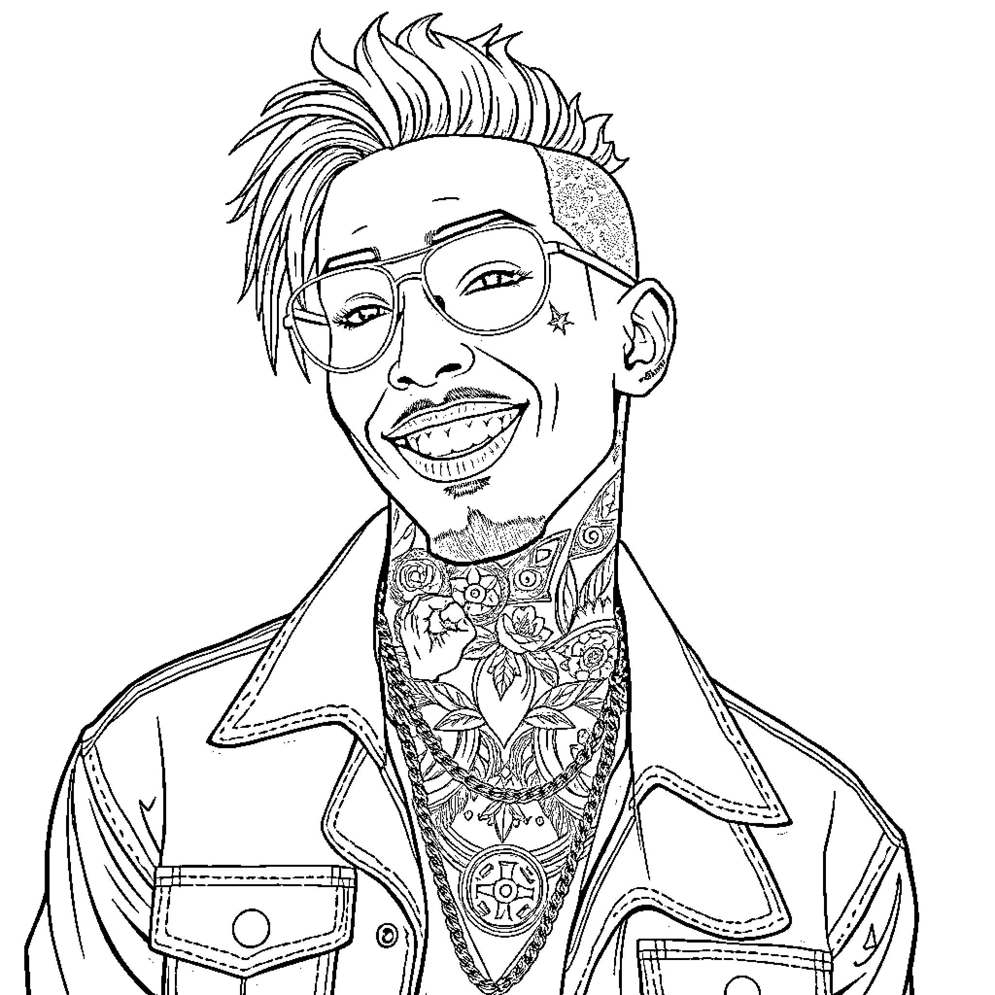 Mgk smiling with tattoo-covered portrait Coloring Page (free black-and-white line drawing printable PDF for all, from beginners to advanced learners, including children, teens, adults, and seniors)