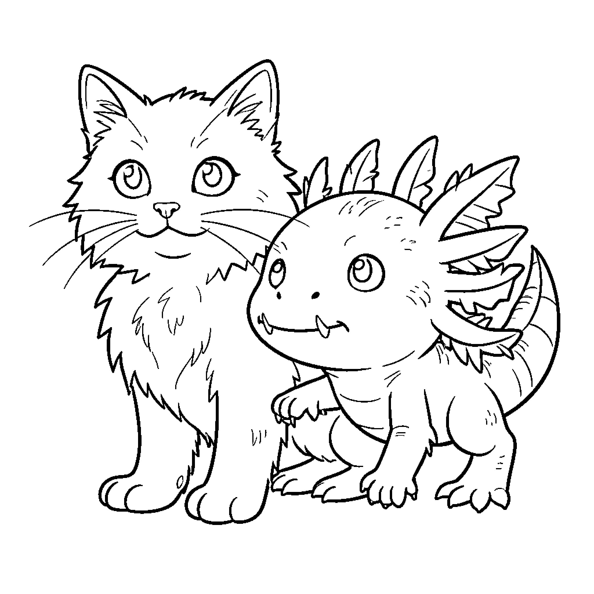 Cat-Axolotl Duo in Playful Exploration Coloring Page (free black-and-white line drawing printable PDF for all, from beginners to advanced learners, including children, teens, adults, and seniors)