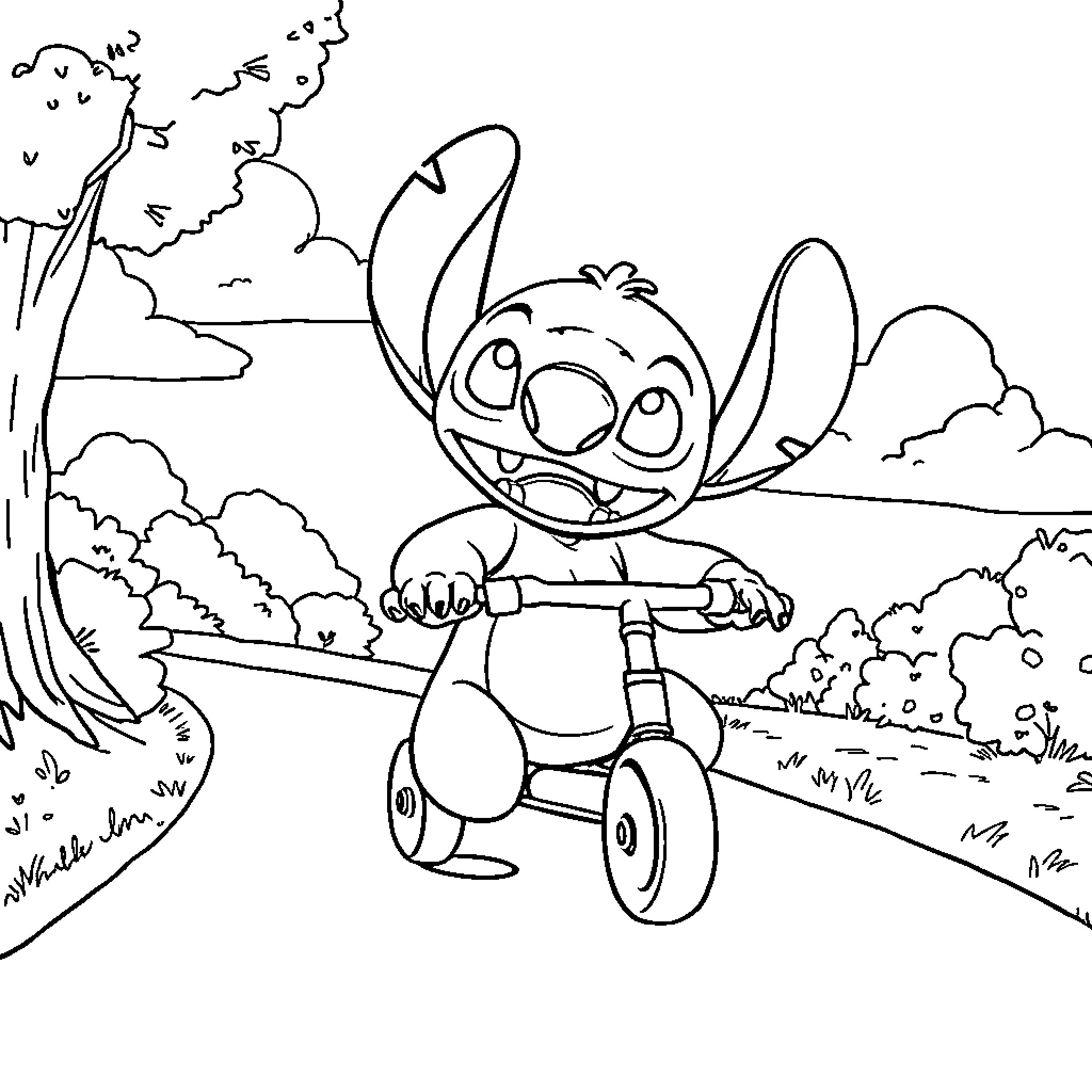 Stitch riding a tricycle in the outdoors Coloring Page (free black-and-white line drawing printable PDF for all, from beginners to advanced learners, including children, teens, adults, and seniors)