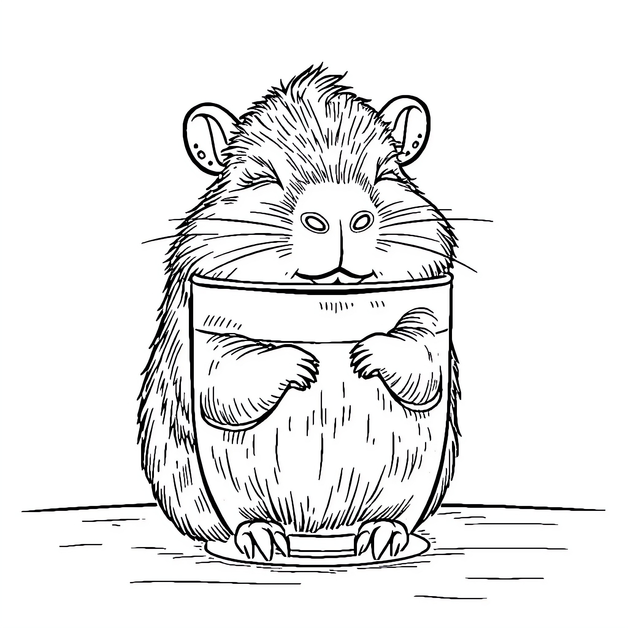Capybara drinking from a cup Coloring Page (free black-and-white line drawing printable PDF for all, from beginners to advanced learners, including children, teens, adults, and seniors)