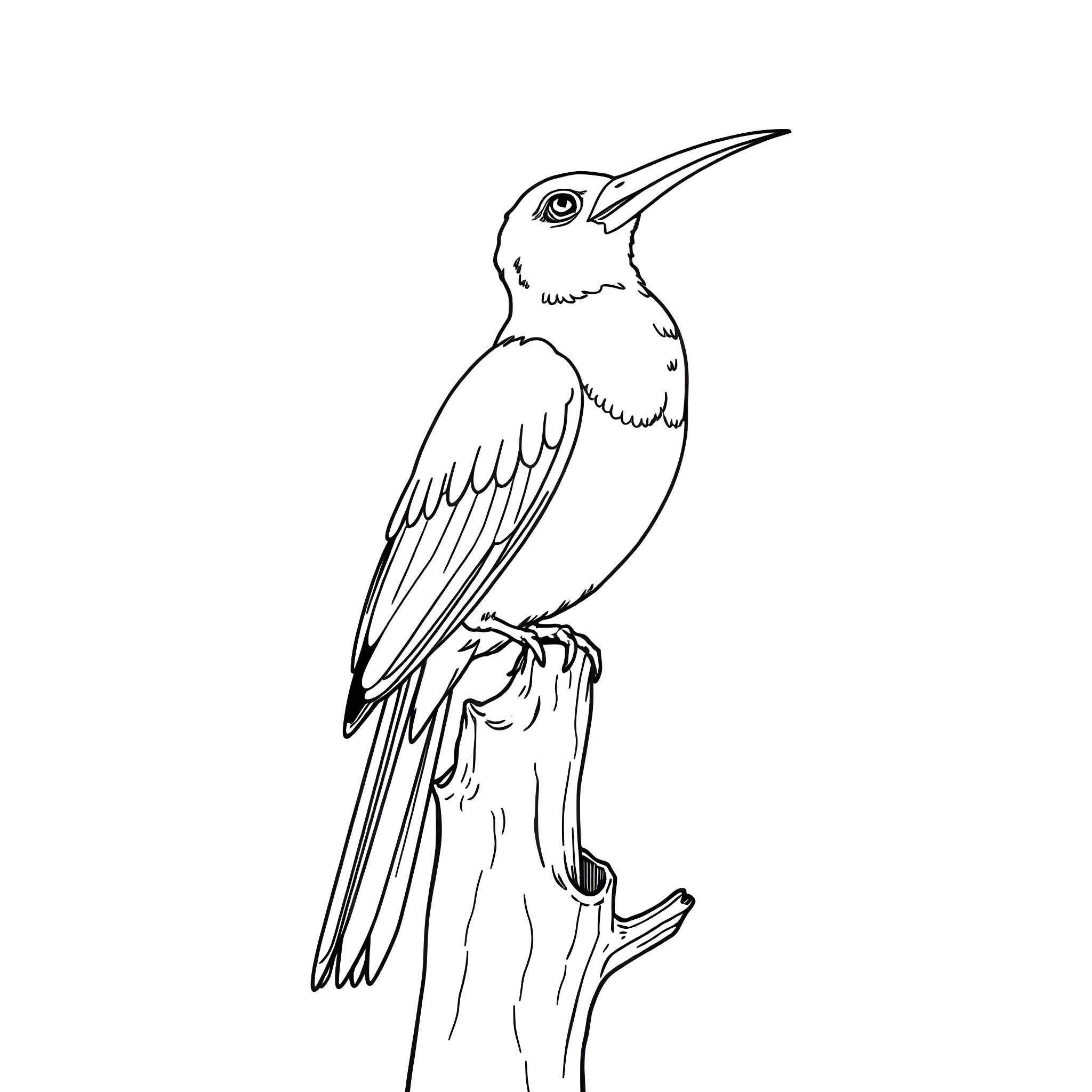 Hammer Bird Perching on a Branch Coloring Page (free black-and-white line drawing printable PDF for all, from beginners to advanced learners, including children, teens, adults, and seniors)