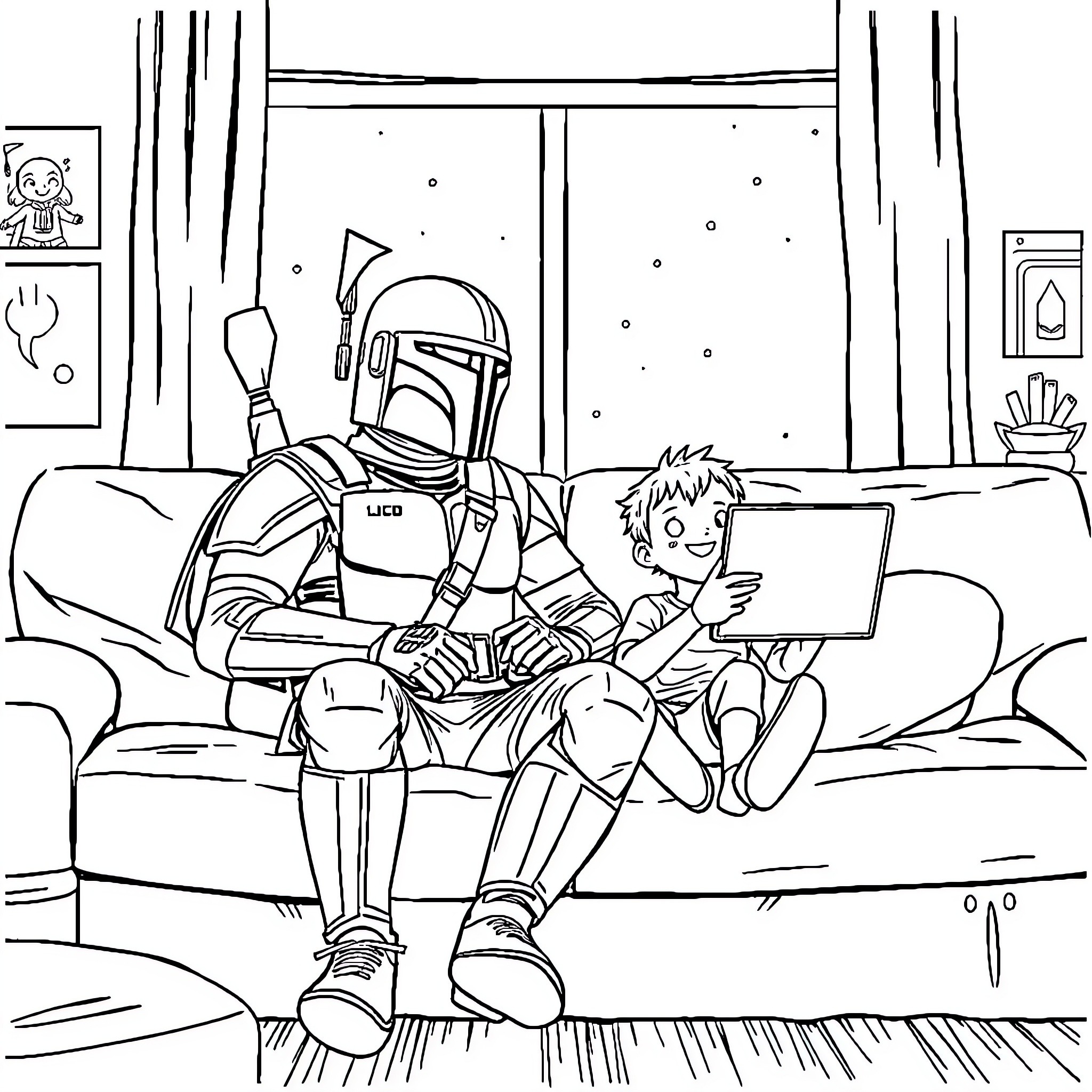 Mandalorian warrior relaxing with young companion Coloring Page (free black-and-white line drawing printable PDF for all, from beginners to advanced learners, including children, teens, adults, and seniors)