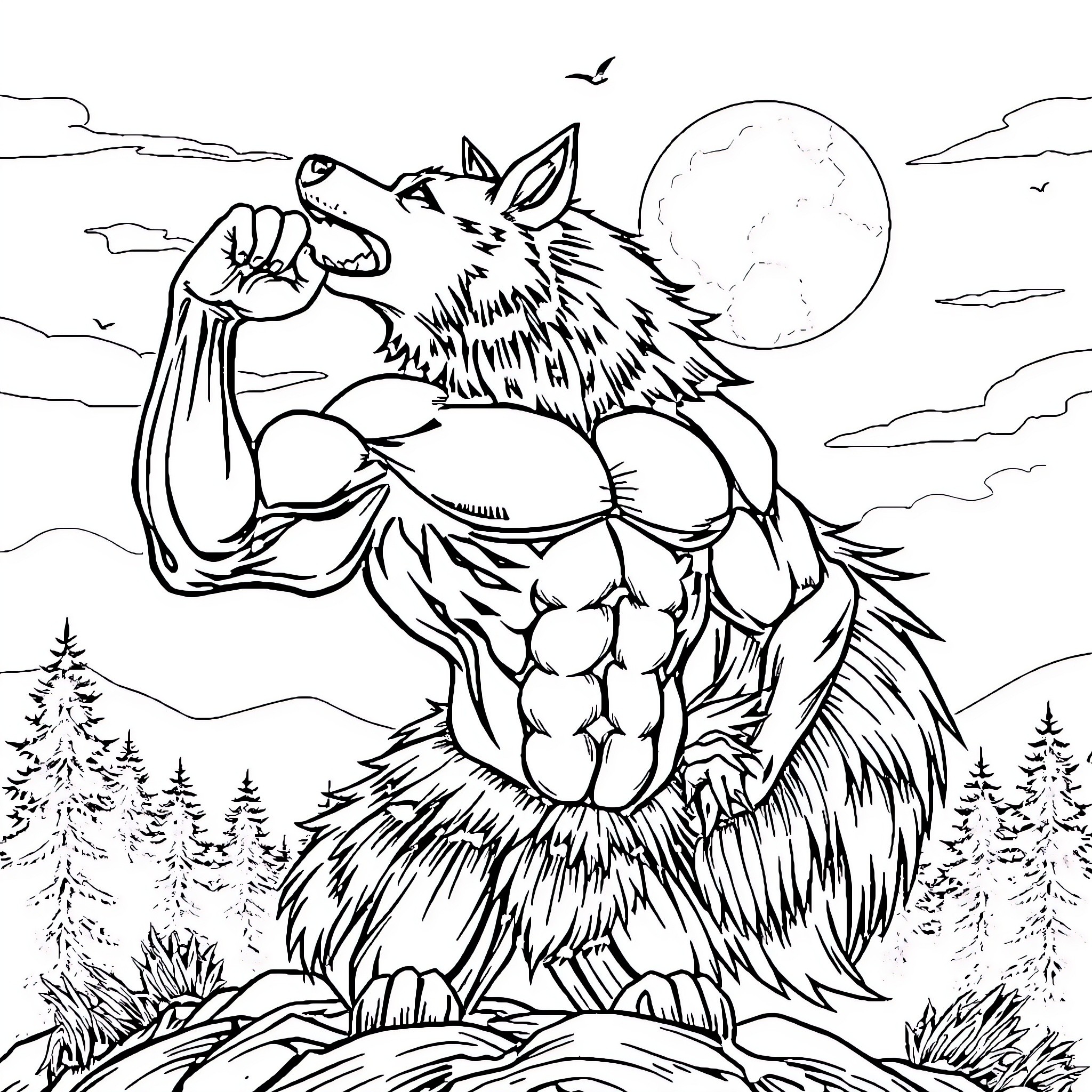 Wolf flexing its muscles under the moonlight Coloring Page (free black-and-white line drawing printable PDF for all, from beginners to advanced learners, including children, teens, adults, and seniors)