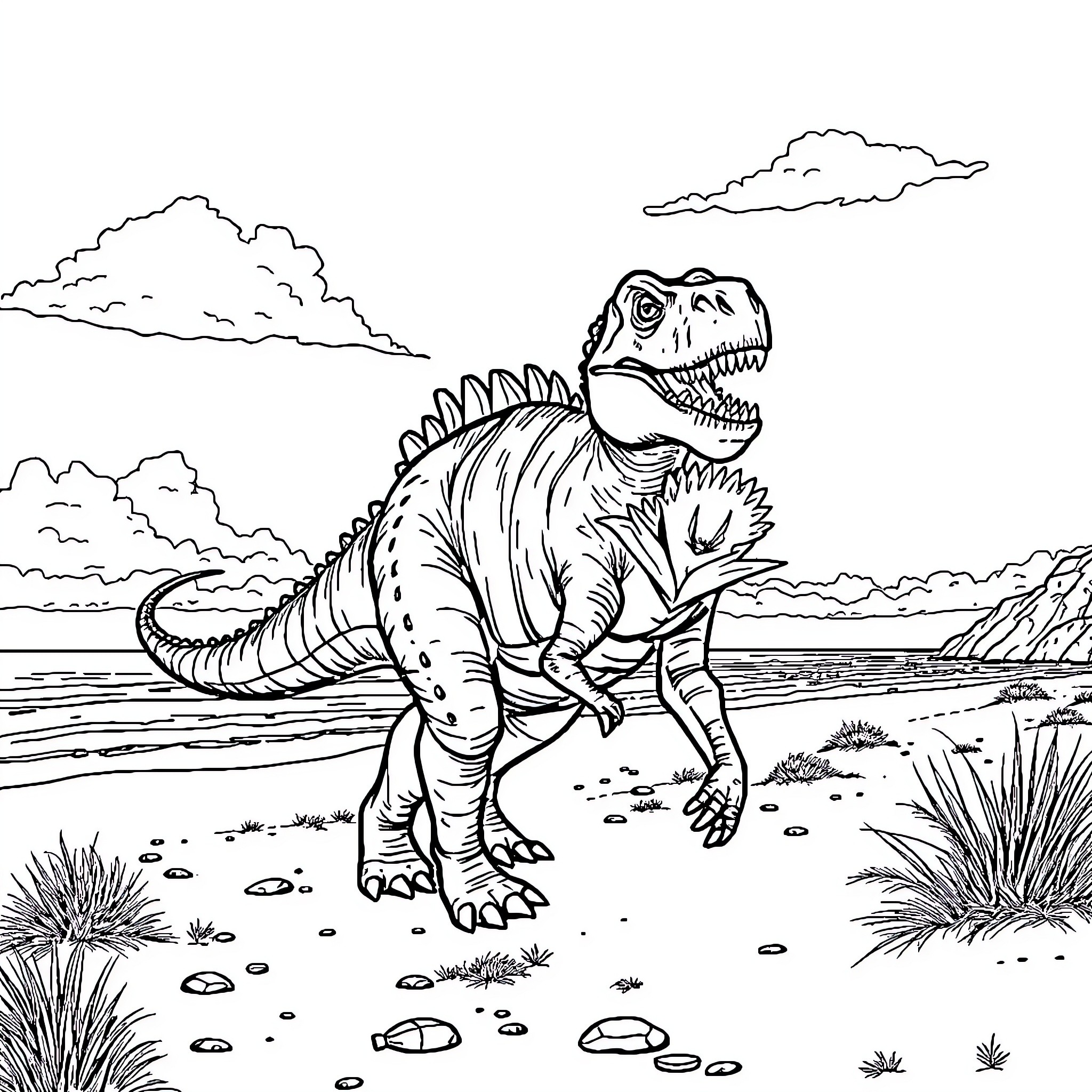 Dinosaur roaming through prehistoric landscape Coloring Page (free black-and-white line drawing printable PDF for all, from beginners to advanced learners, including children, teens, adults, and seniors)