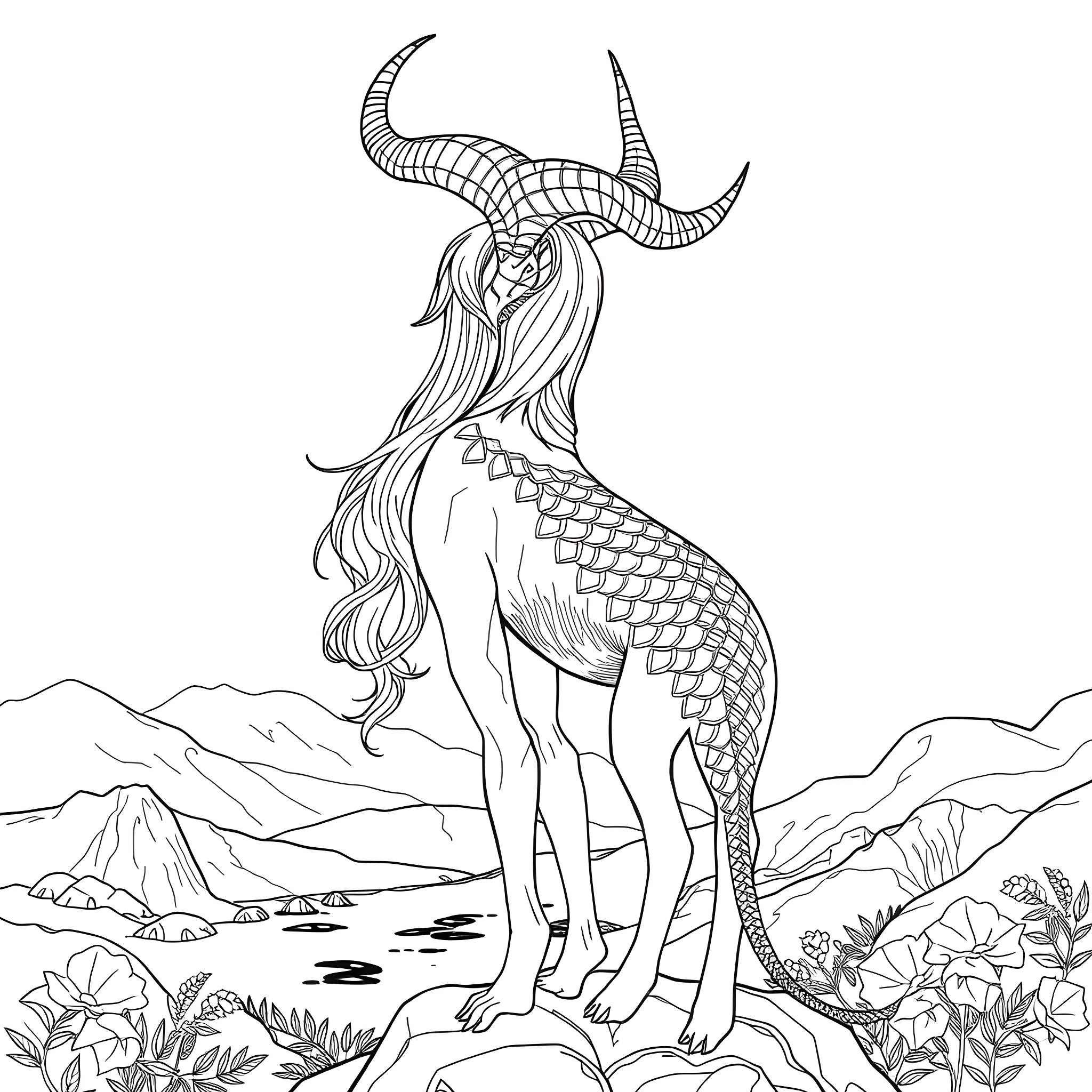 Au'ra mystical creature in fantasy landscape Coloring Page (free black-and-white line drawing printable PDF for all, from beginners to advanced learners, including children, teens, adults, and seniors)