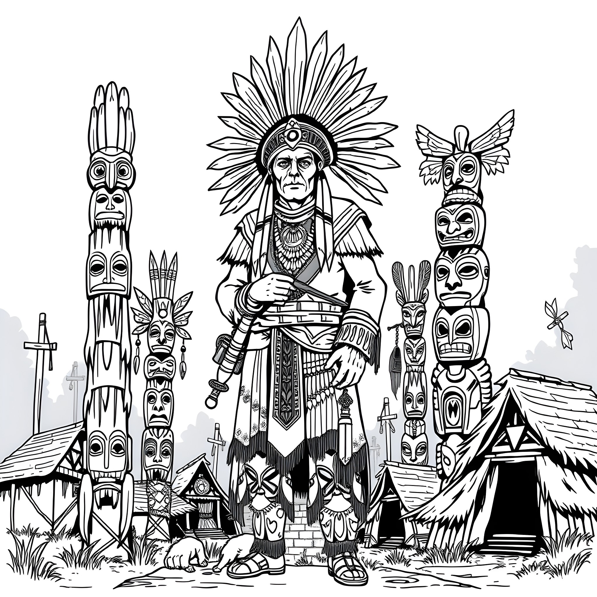 Chief's Ceremonious Gathering in Tribal Village Coloring Page (free black-and-white line drawing printable PDF for all, from beginners to advanced learners, including children, teens, adults, and seniors)
