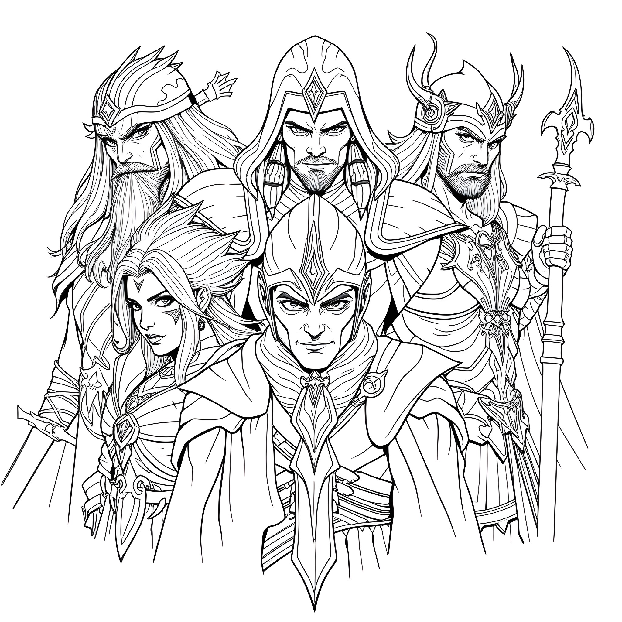 Fire Emblem: Epic Fantasy Character Portraits Coloring Page (free black-and-white line drawing printable PDF for all, from beginners to advanced learners, including children, teens, adults, and seniors)