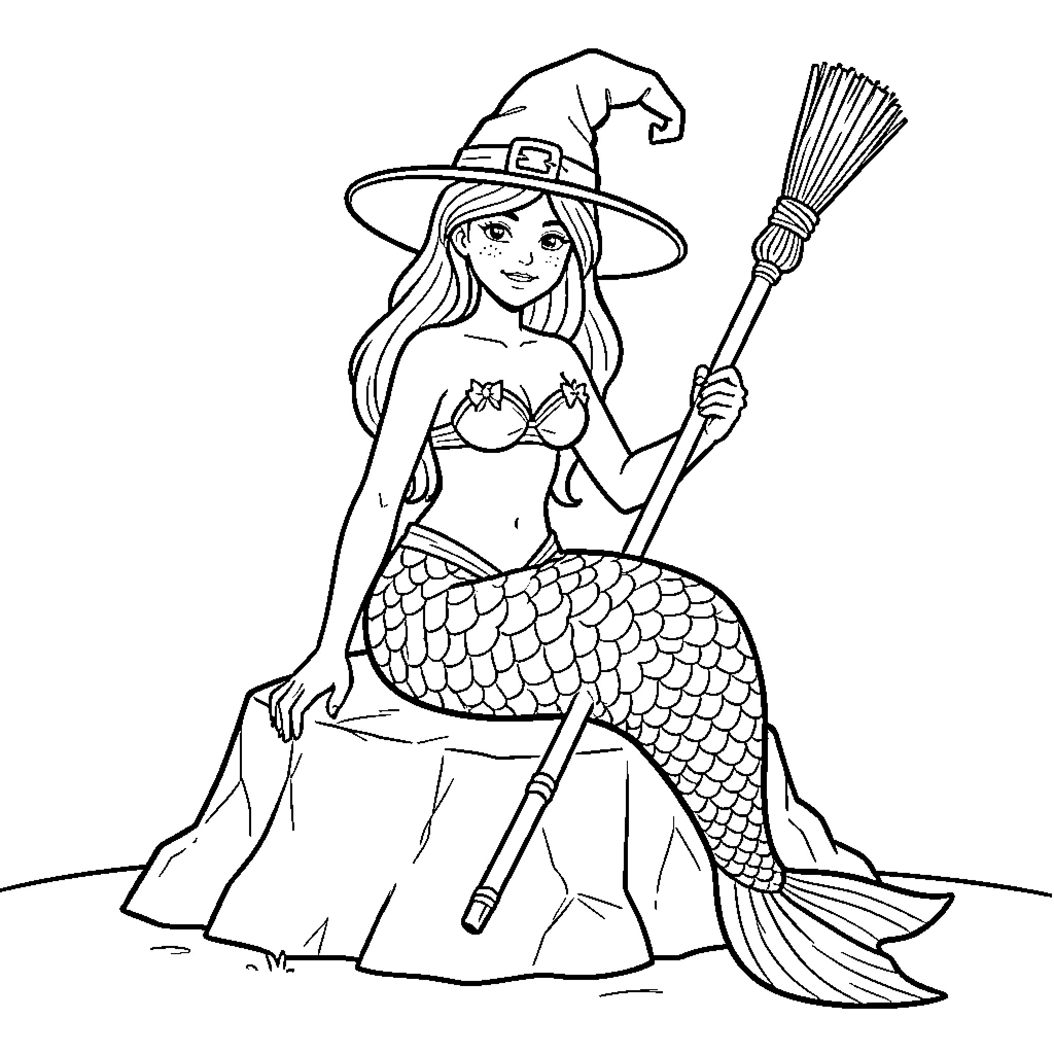 Mermaid wearing a witch hat holding a broom Coloring Page (free black-and-white line drawing printable PDF for all, from beginners to advanced learners, including children, teens, adults, and seniors)