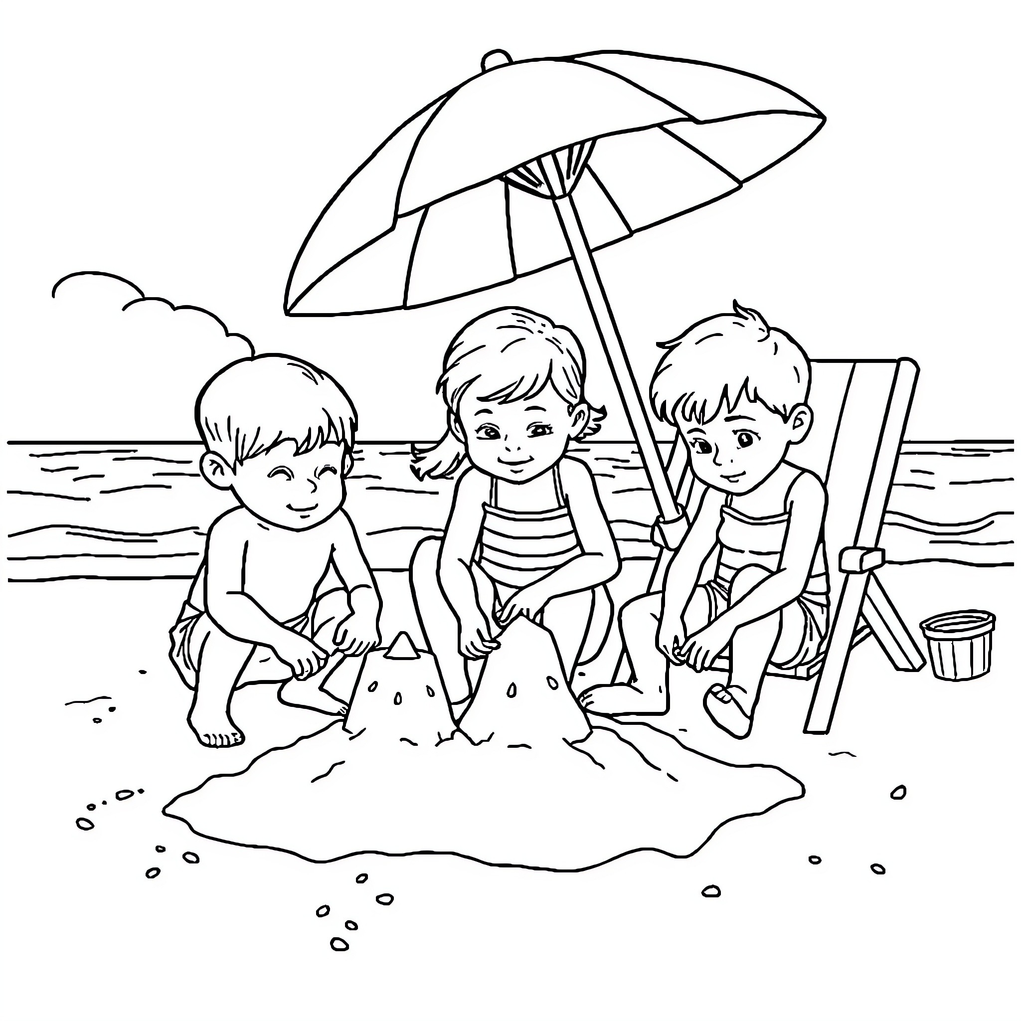 Kid playing on the beach with friends Coloring Page (free black-and-white line drawing printable PDF for all, from beginners to advanced learners, including children, teens, adults, and seniors)