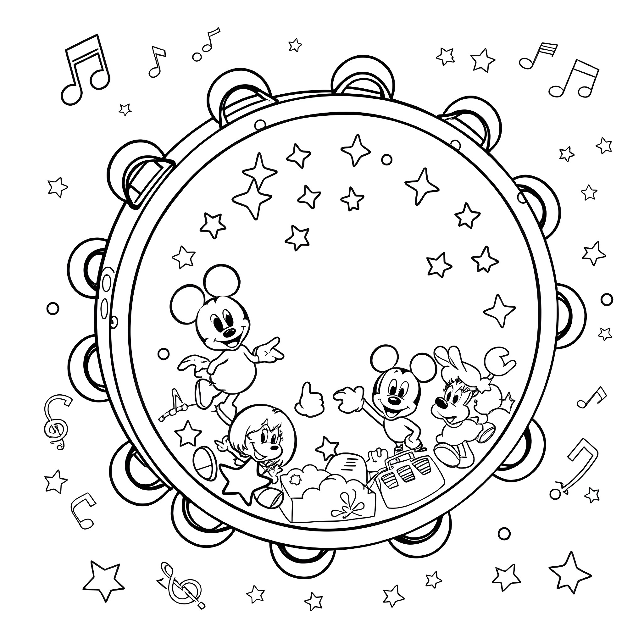 Tambourine with dancing Disney characters Coloring Page (free black-and-white line drawing printable PDF for all, from beginners to advanced learners, including children, teens, adults, and seniors)
