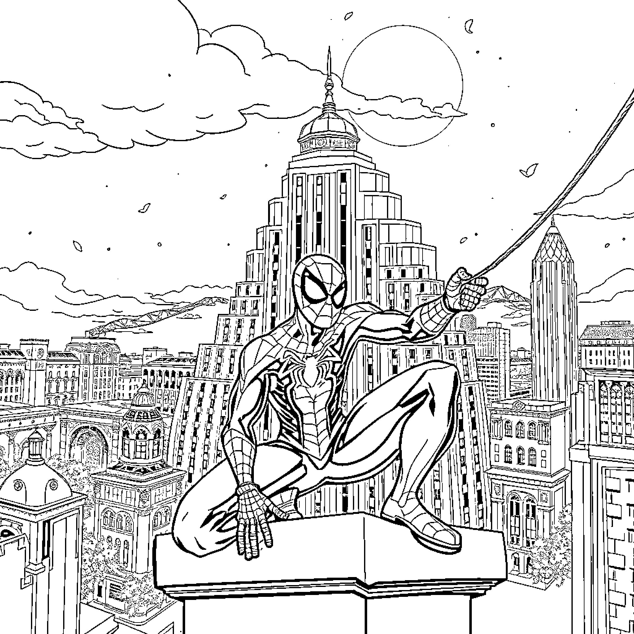 Spiderman swinging through the city skyline Coloring Page (free black-and-white line drawing printable PDF for all, from beginners to advanced learners, including children, teens, adults, and seniors)